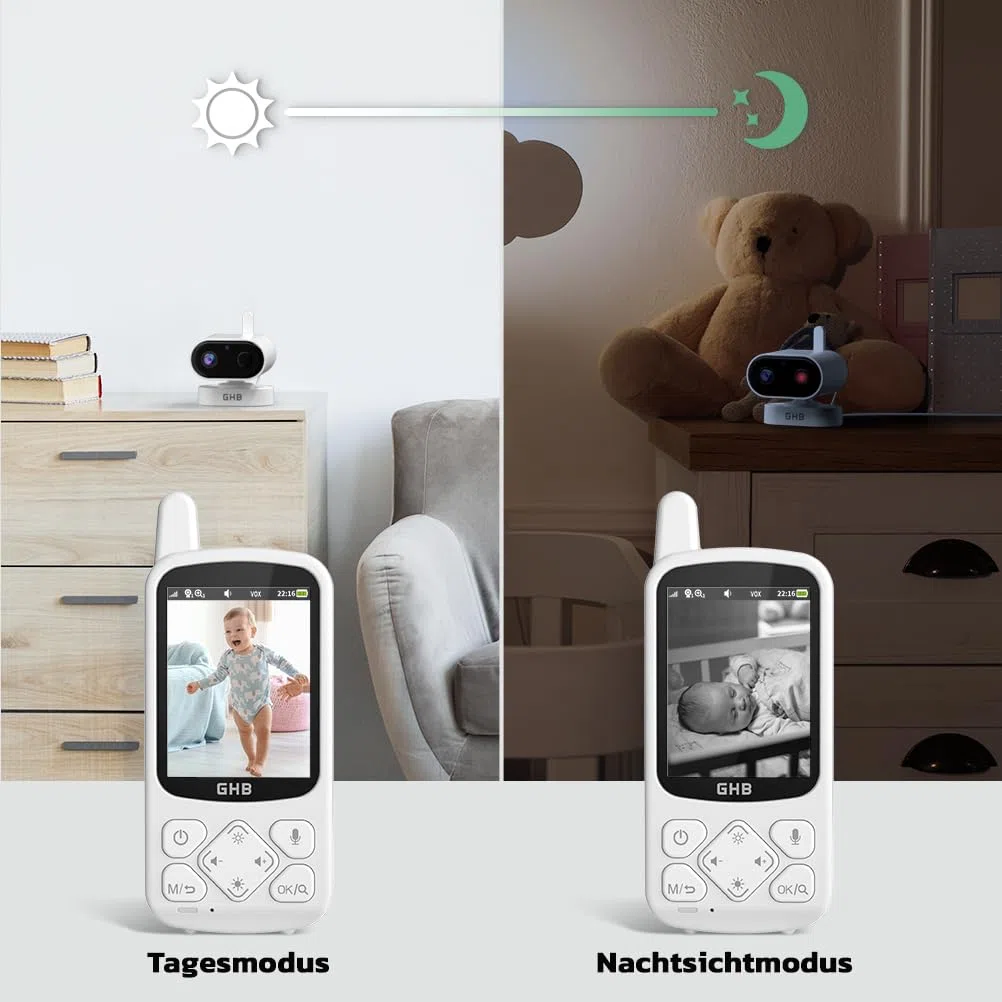 GHB Babyphone mit Kamera Baby Monitor 720P HD Zoom 2000mAh Akku 8 Schlafliedermit VOX Modus Nachtsicht