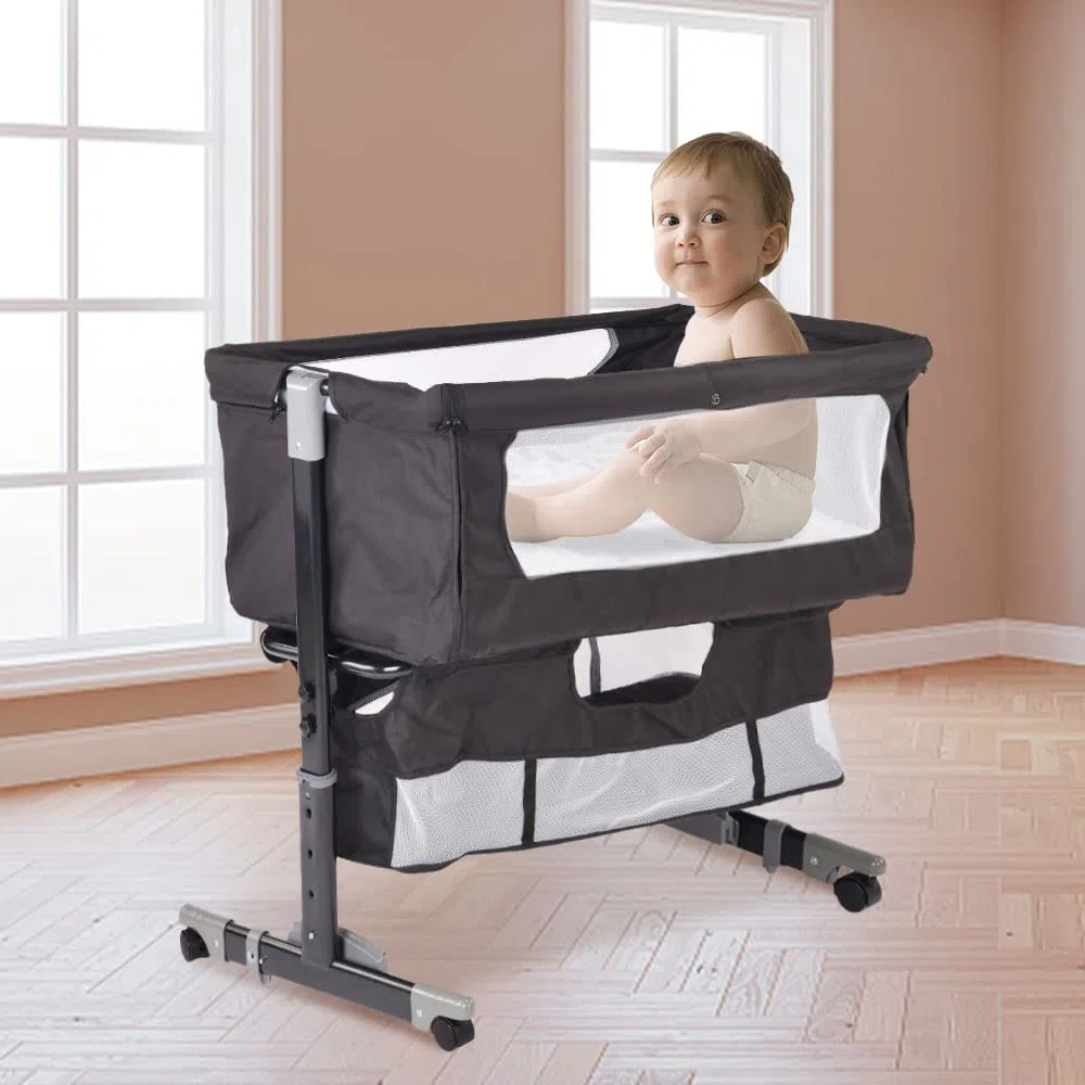 Codododo-Kinderbett mit Matratze und Moskitonetz, 2-in-1, Beistellbett für Babys von 0 bis 36 Monaten, faltbar, 2-in-1, Babywiege, Mobile Beistellbett (92 x 58 x 70-87 cm, schwarz)