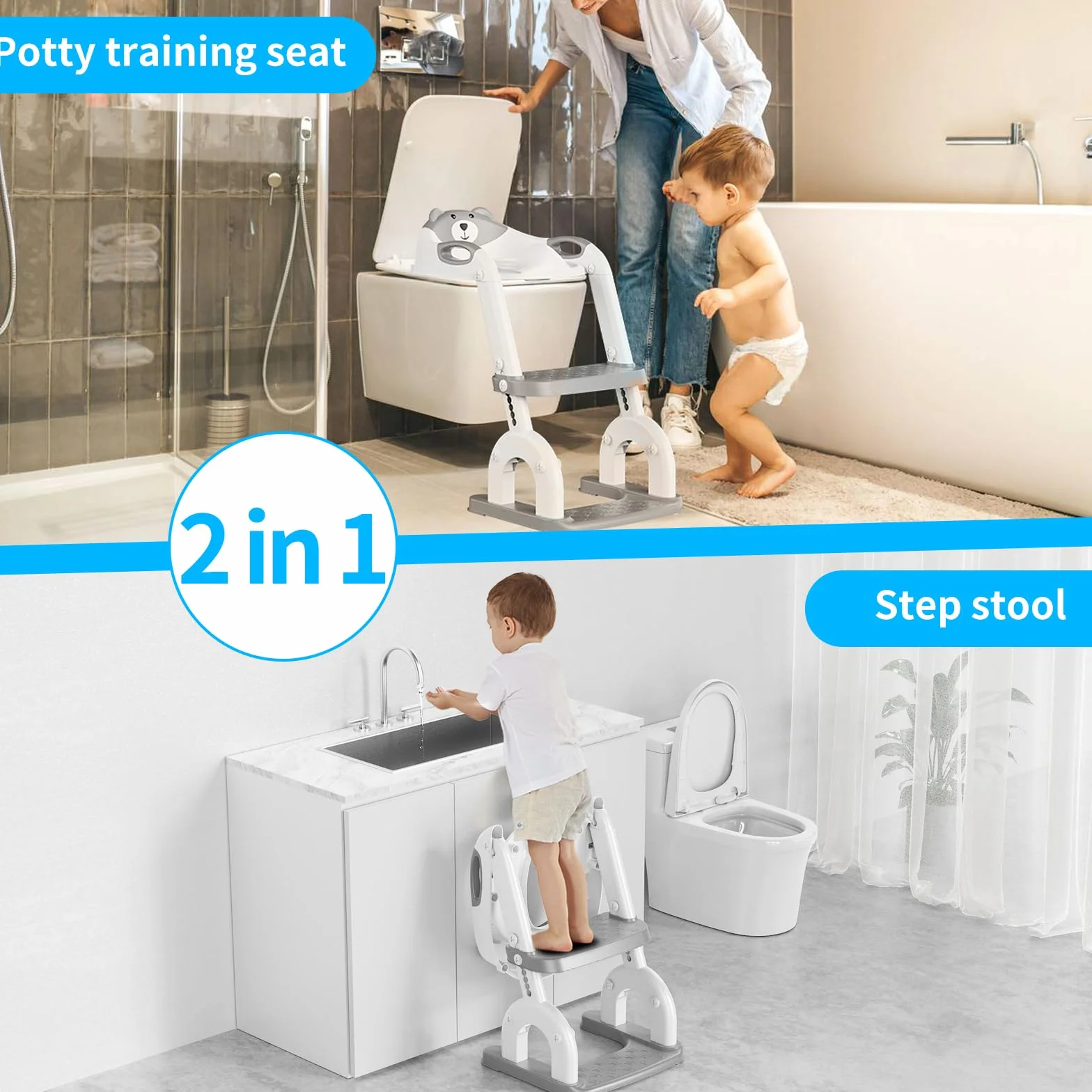 Toilettensitz Kinder mit Treppe, Upgraded WC Aufsatz für Kinder für Jungen und Mädchen, 2-in-1 Toilettentrainer mit Treppe, Höhenverstellbar Bequemer Sicherer Toilettensitze, Tritthocker für Kinder