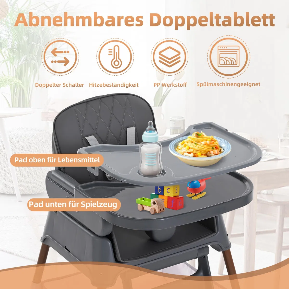 Hochstuhl Baby, Verstellbare Umwandelbare 3 in 1 Kinderhochstuhl, Tragbare Kompakte Baby Kleinkind Fütterung Stuhl Reise Hochstuhl Booster für Kleinkind, von 6 Monaten bis 3 Jahren (dunkelgrau)