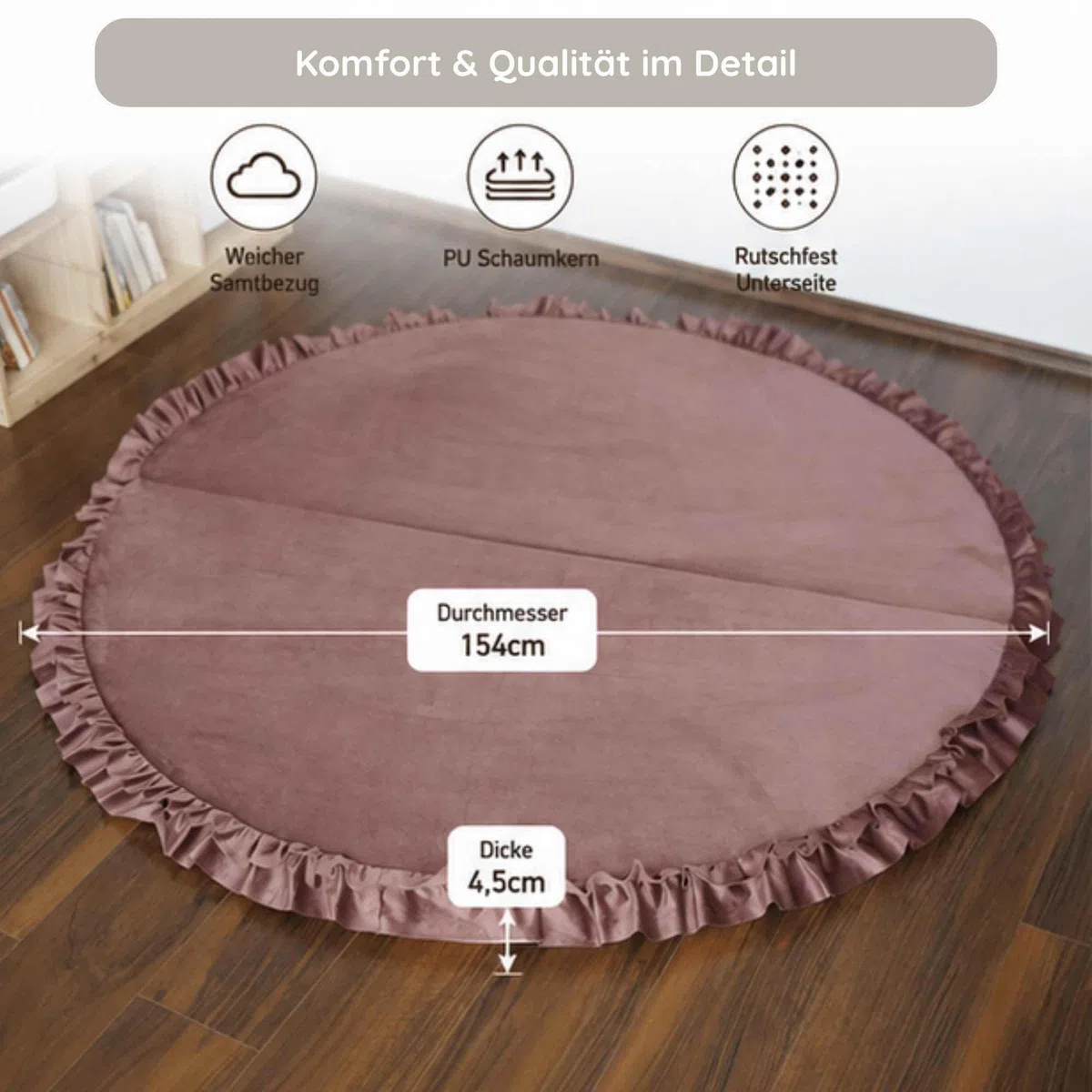 Liya's World Baby Spielmatte Rund, Pink, mit Rüschen | Ø 154cm, Faltbare Krabbelmatte/Babymatte, Aus Samt, Für Kinderzimmer & Babyzimmer, Waschbar & Gepolstert
