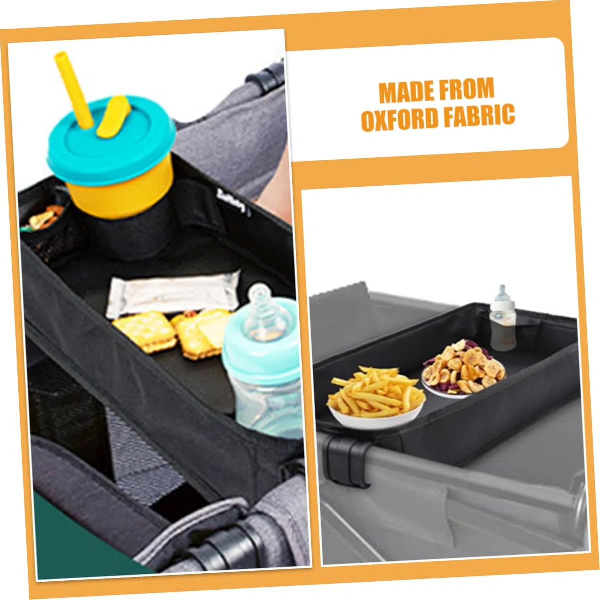 Kinderwagen Tablett mit Getränkehalter und Handyhalterung Universelles Snack Tray für Junge Mädchen und Kleinkinder Clip Zubehör für Kinderwagen Schwarz