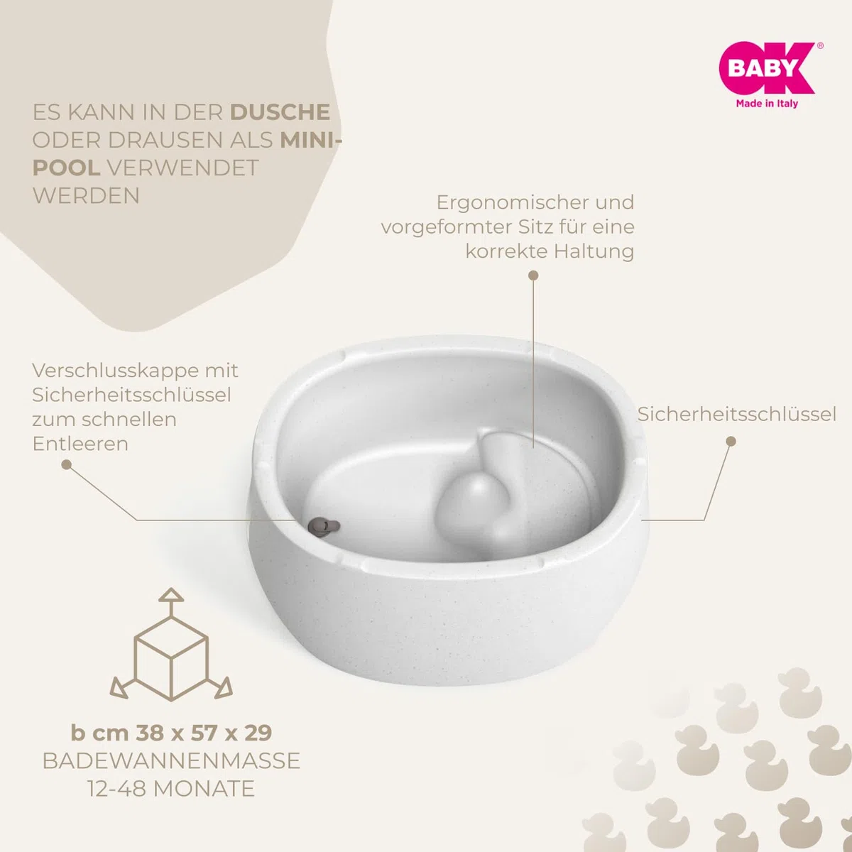OKBABY Unica – Badewanne 0 – 4 Jahre mit doppeltem Verwendungszweck, eingebautem Thermometer und ergonomischer Unterstützung – Badewanne und Mini-Pool für Kinder – Granit