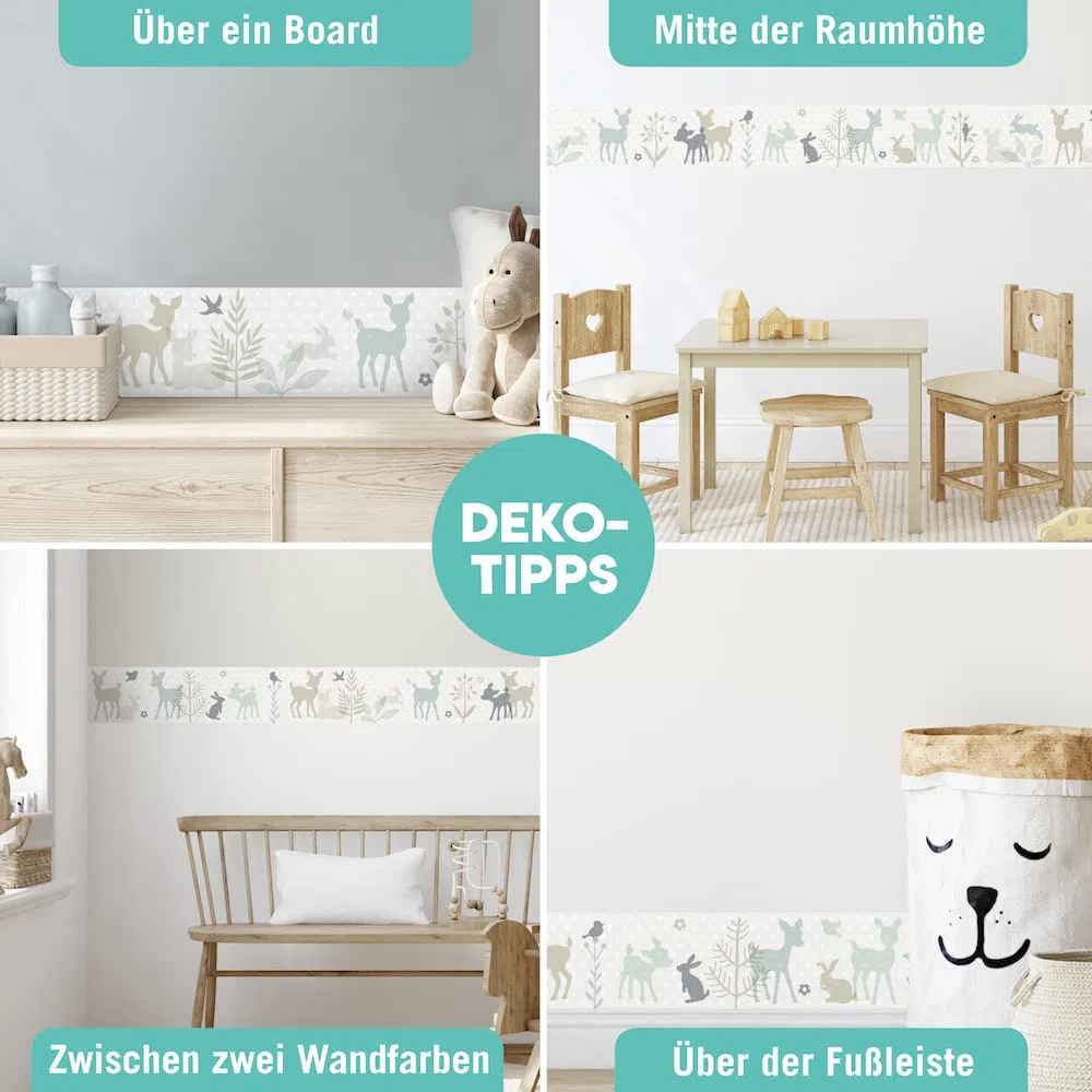 Bordüre selbstklebend HÄSCHEN & REHE MINT/GRAU/BEIGE - Wandbordüre Kinderzimmer / Babyzimmer mit Hase und Reh - Wandtattoo Schlafzimmer Mädchen & Junge, Wanddeko Baby / Kinder