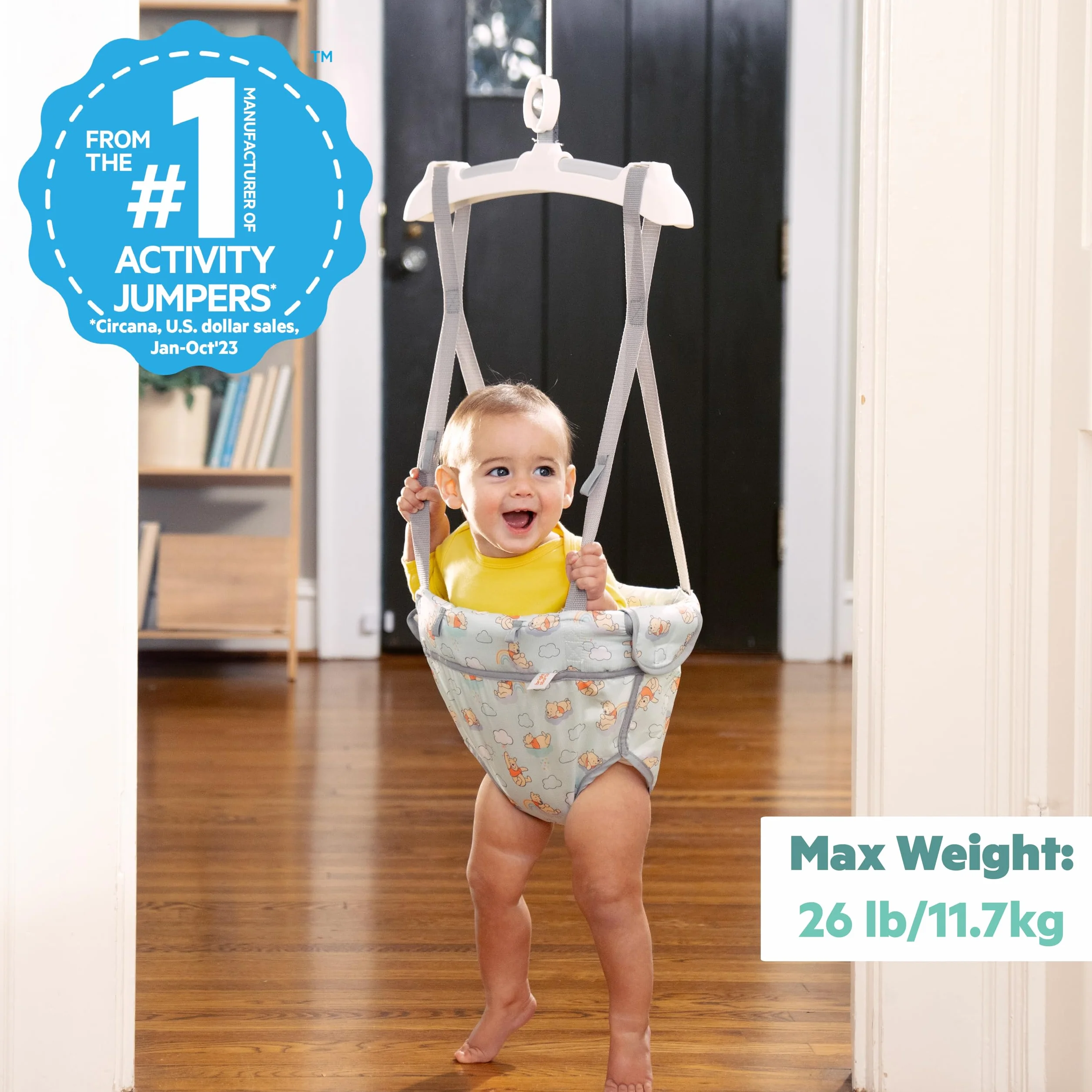Bright Starts Disney Winnie Puuh Türhopser, Baby Türschaukel für aktives Spiel, höhenverstellbar, sicherer Klemmbefestigung, werkzeugfrei, stabil & sicher, für Babys 4-12 Monate, bis 12 kg