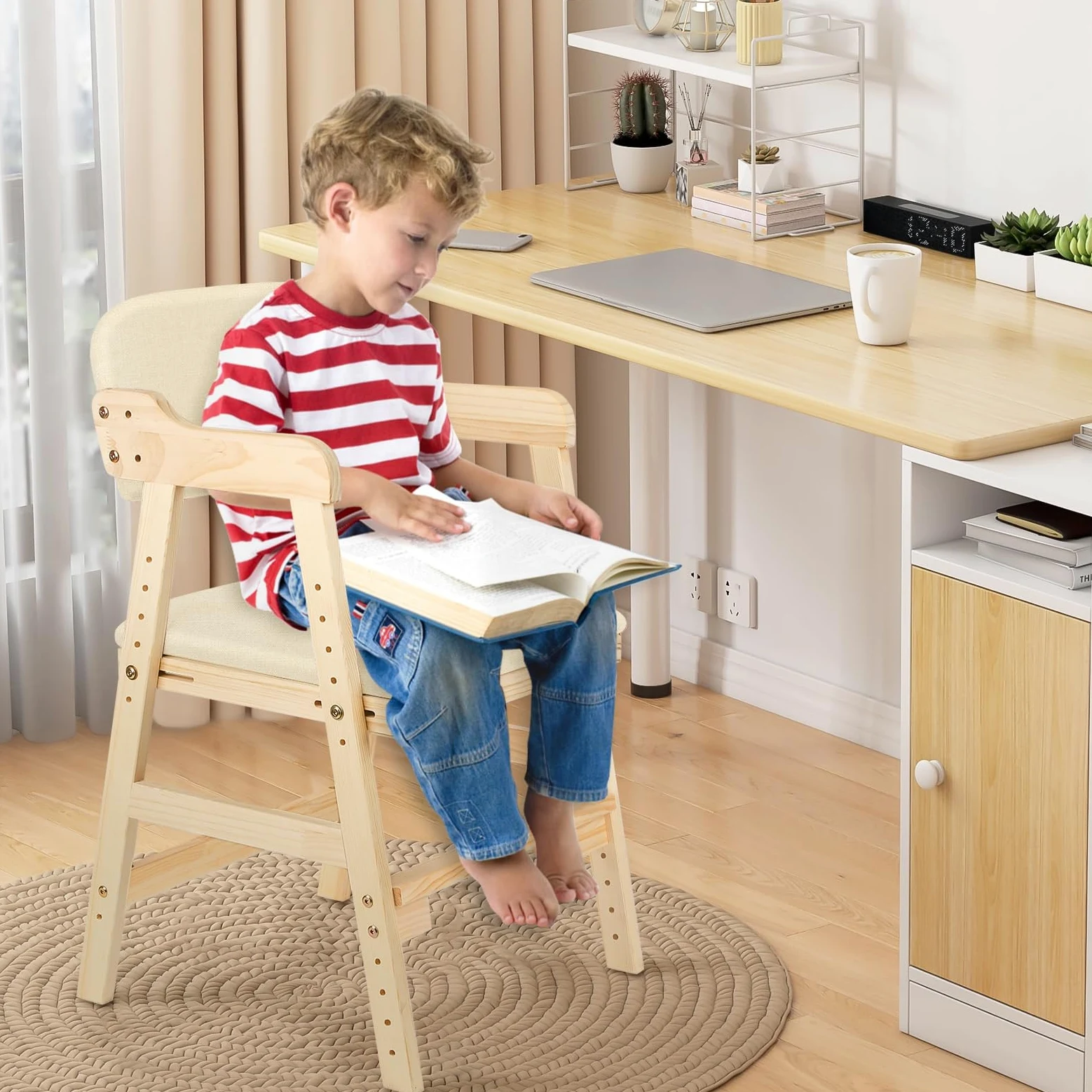 Hochstuhl aus Holz, aus hochwertigem Buchenholz, Stabil & Sicher bis 91 kg,Lehrstuhl, höhenverstellbarer Holzhochstuhl für kinder von 2 bis 12 Jahren (48 x 46 x 78 cm – Beige (1 Stück))
