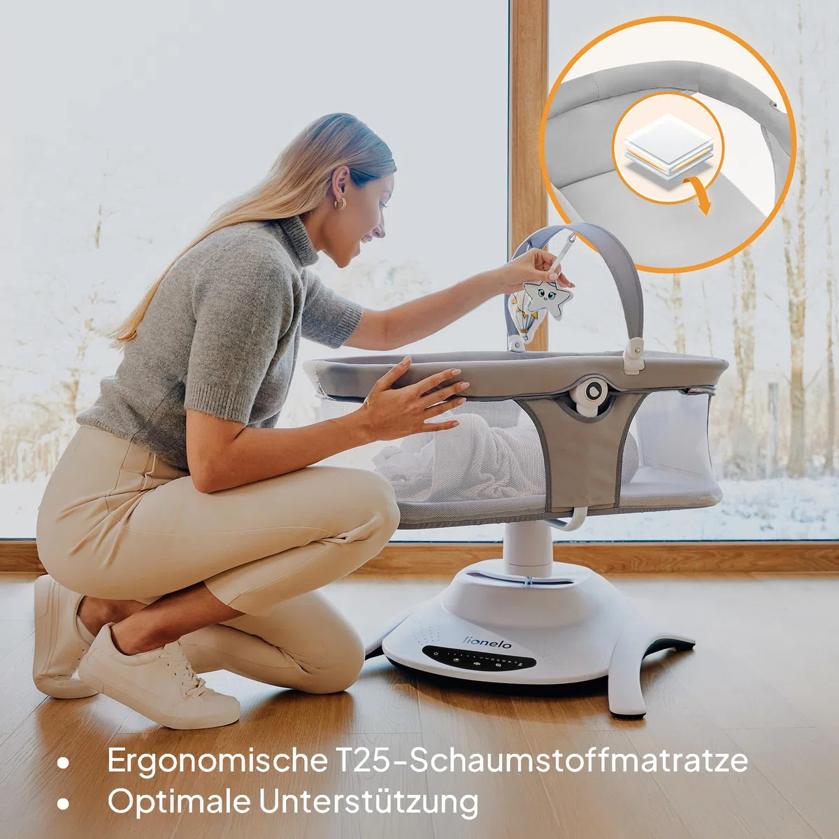 LIONELO Bella Set 2-in-1 Elektrische Babywippe mit Babywanne 360o für Babys bis 9 kg, verstellbare Rückenlehne, 5 Schaukelgeschwindigkeiten Anti-Rutsch Sicherheitsgurt