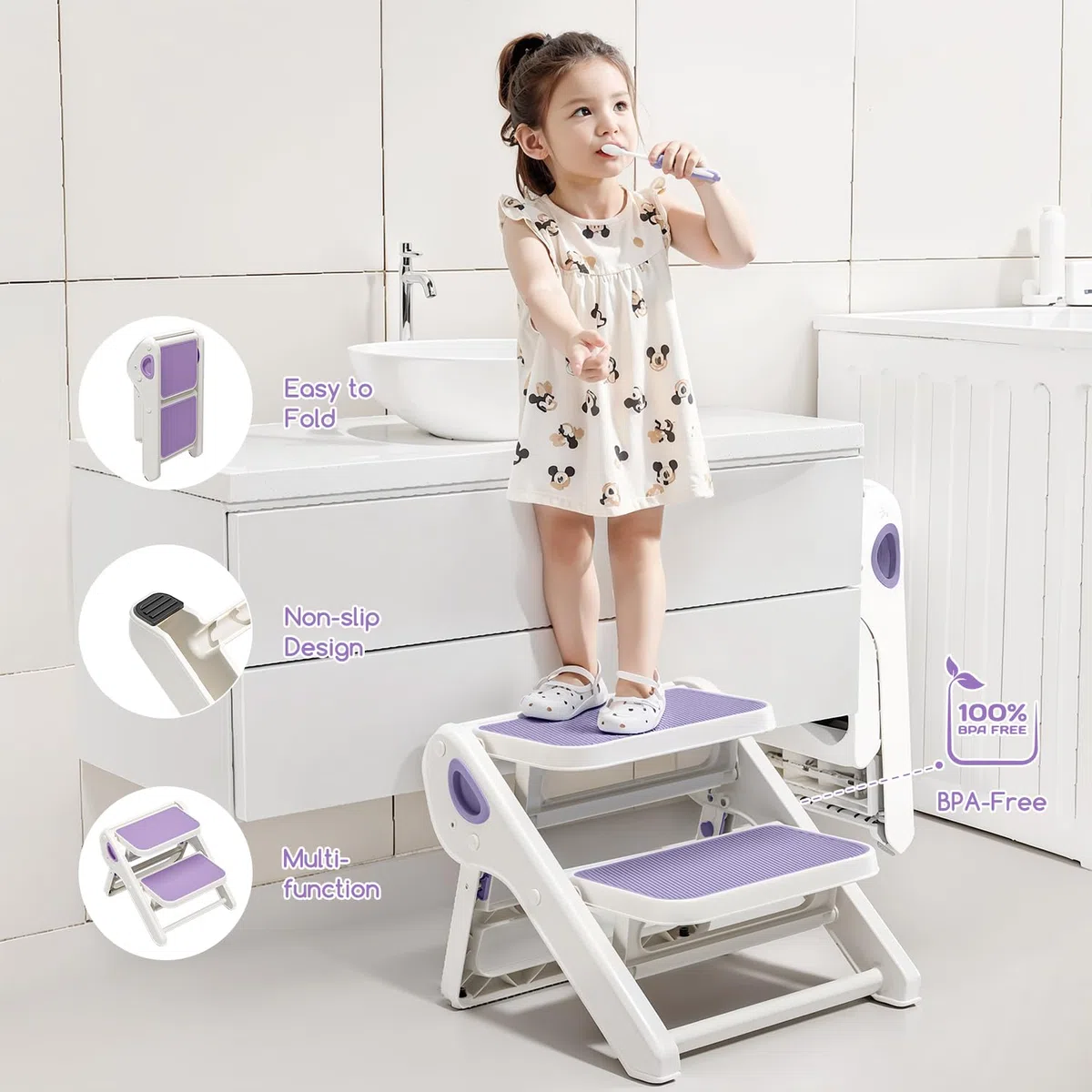 Faltbarer Kleinkind-Tritthocker für Waschbecken – 2-stufiger Kinderhocker für Töpfchentraining, Küchentheke & Schlafzimmer, stabiler rutschfester Kindersicherheitshocker Helfer