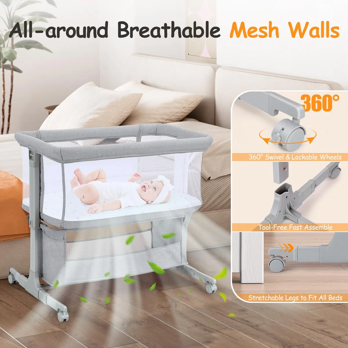 Beistellbett Baby Bettseitiger Bassinet für Neugeborene Tragbar mit Rädern Höhenverstellbar Hellgrau