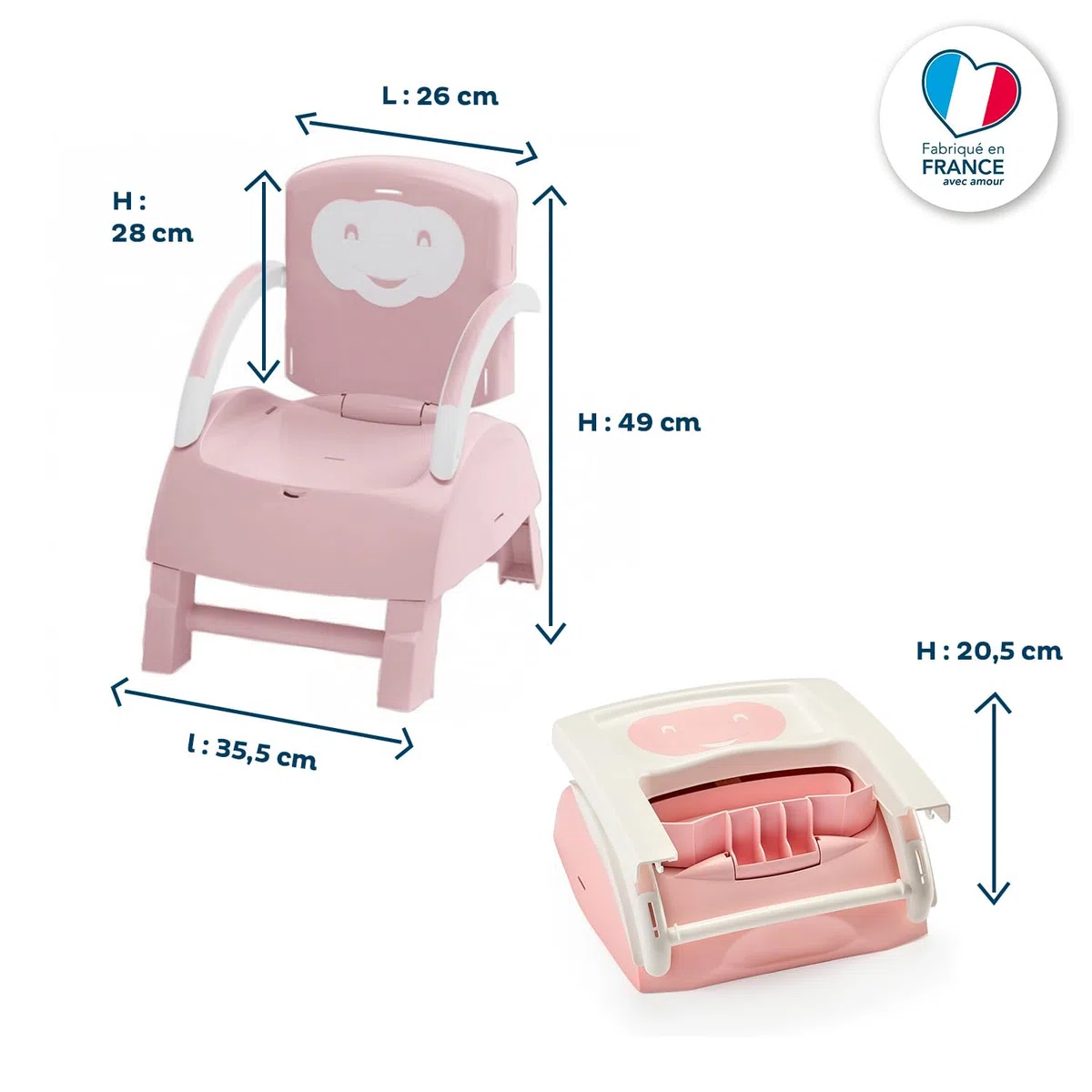 THERMOBABY Chair Booster - puderrosa | Sitzerhöhung mit abnehmbarem Tablett und 3-Punkt-Gurtsystem, erweiterbar zum Kindersessel. Ab 6 Monaten bis 15 kg.