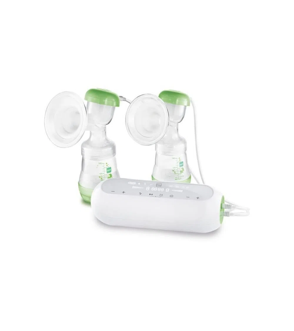 MAM - Elektrische Doppel-Milchpumpe – 2-in-1-Milchpumpe mit 9 Intensitätsstufen und 3 Stunden Akkulaufzeit – 2 Easy Start Anti-Colic Flaschen & 2 Vorratsdosen inklusive – Grün