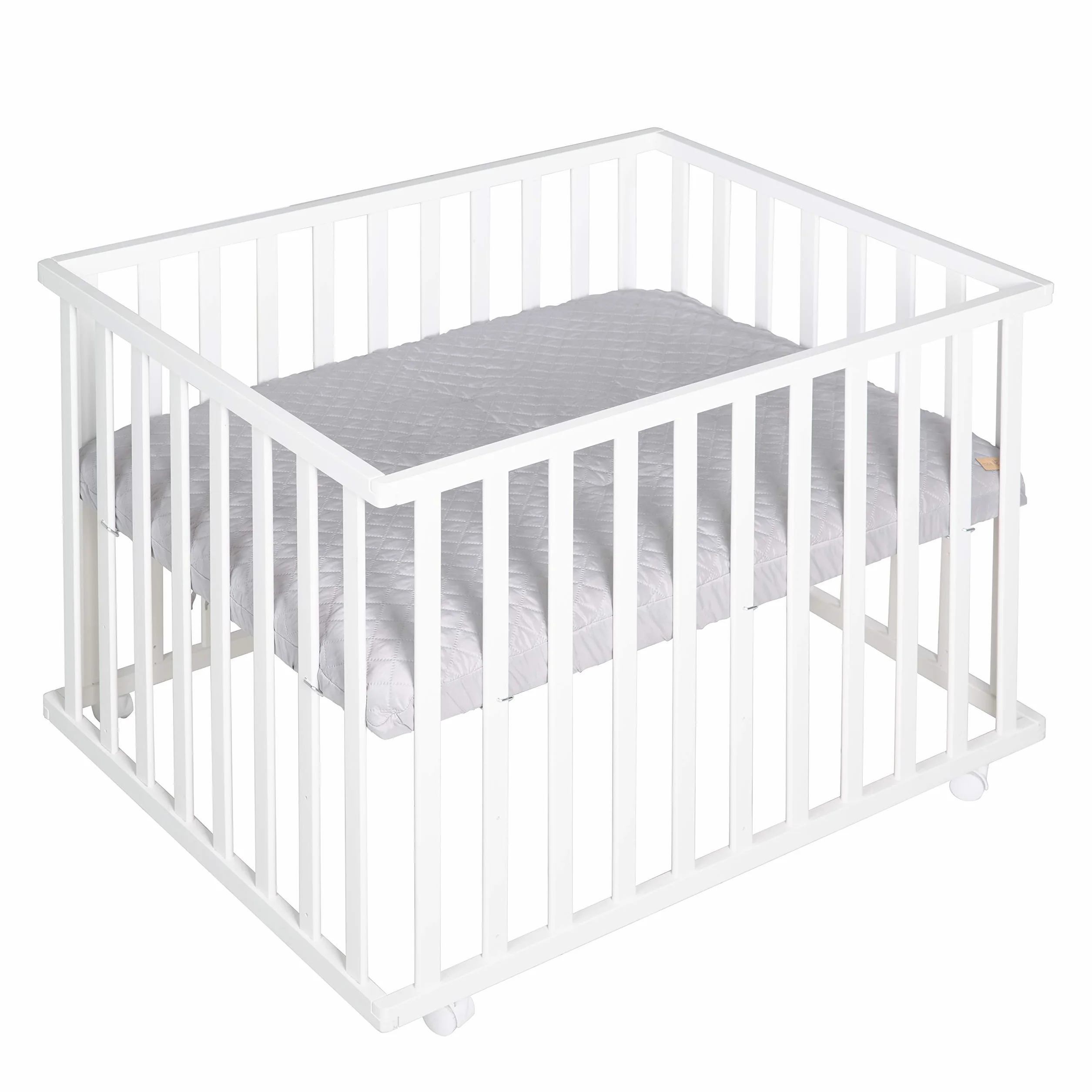 roba Laufgitter 75 x 100 cm - Baby Spielgitter + Einlage roba Style grau - 3-fach höhenverstellbar - Mobiler Laufstall mit Rollen - Holz weiß