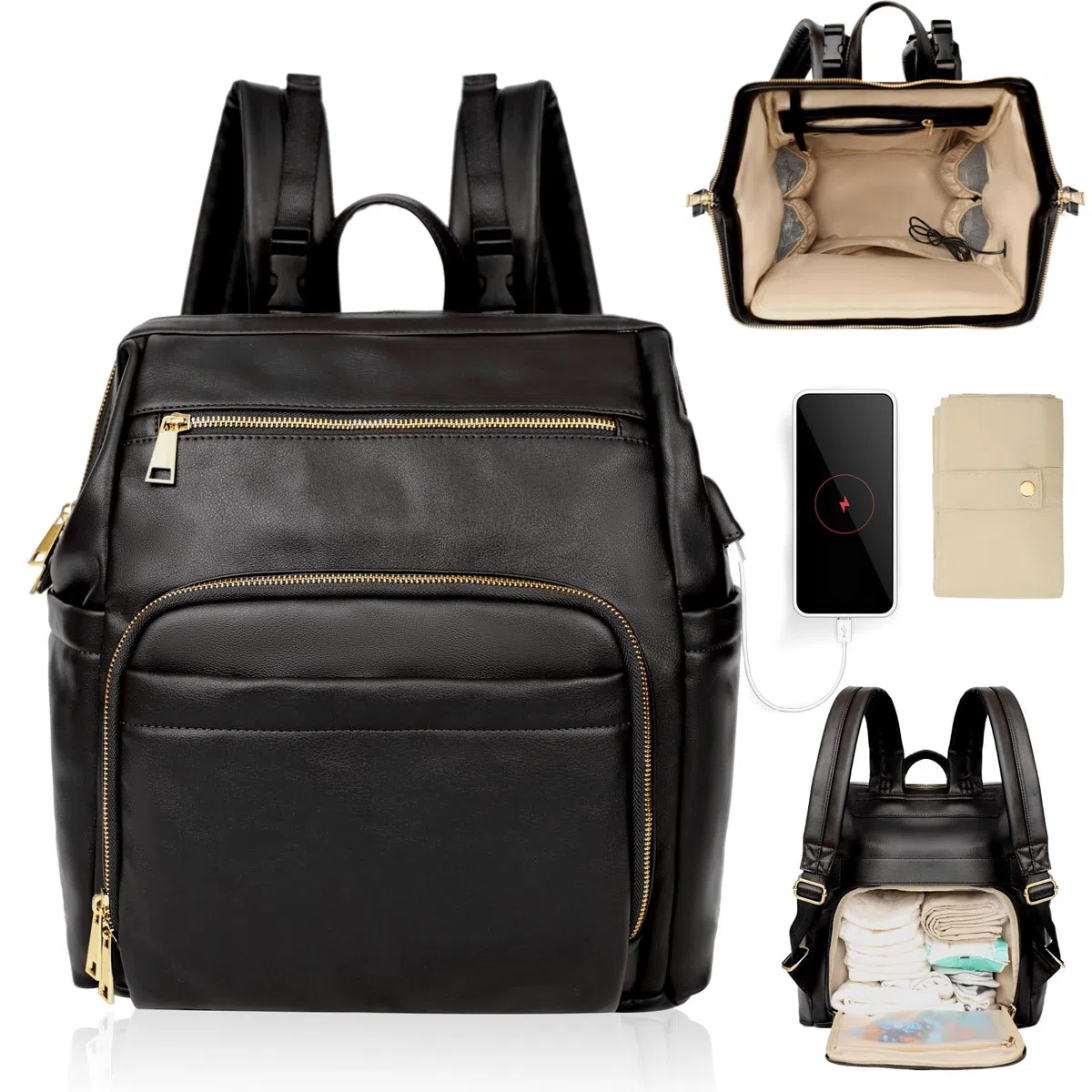 MISS FONG Wickelrucksack Wickeltasche Große, Baby Rucksack Wickelrucksack Leder Lässig Babytasche Kapazität Mit 18 Wickeltasche Organizer, Wickelunterlage für Mama & Papa-Schwarz