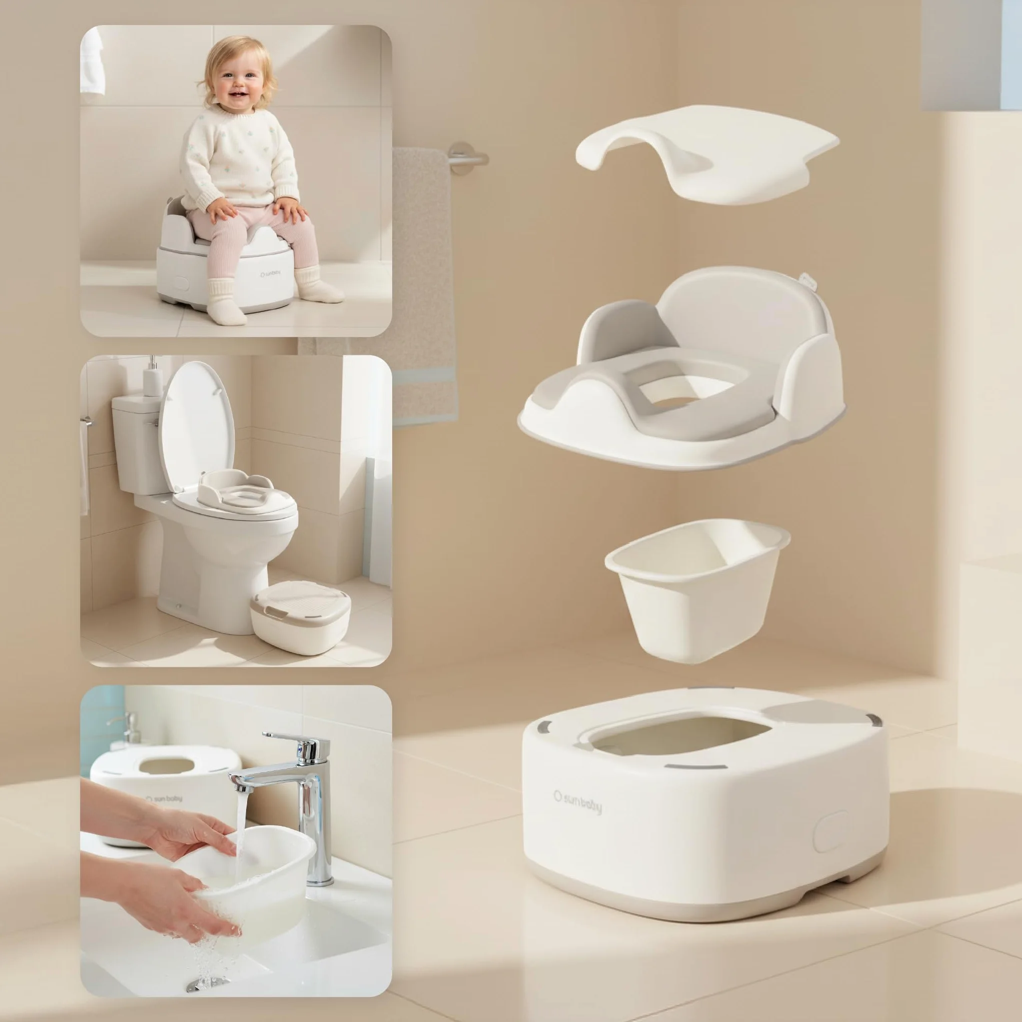 SUN BABY 3-in-1 Kids Potty 1-6 Years - White-Grey | Toilet seat, footstool, soft seat and hygienic lid