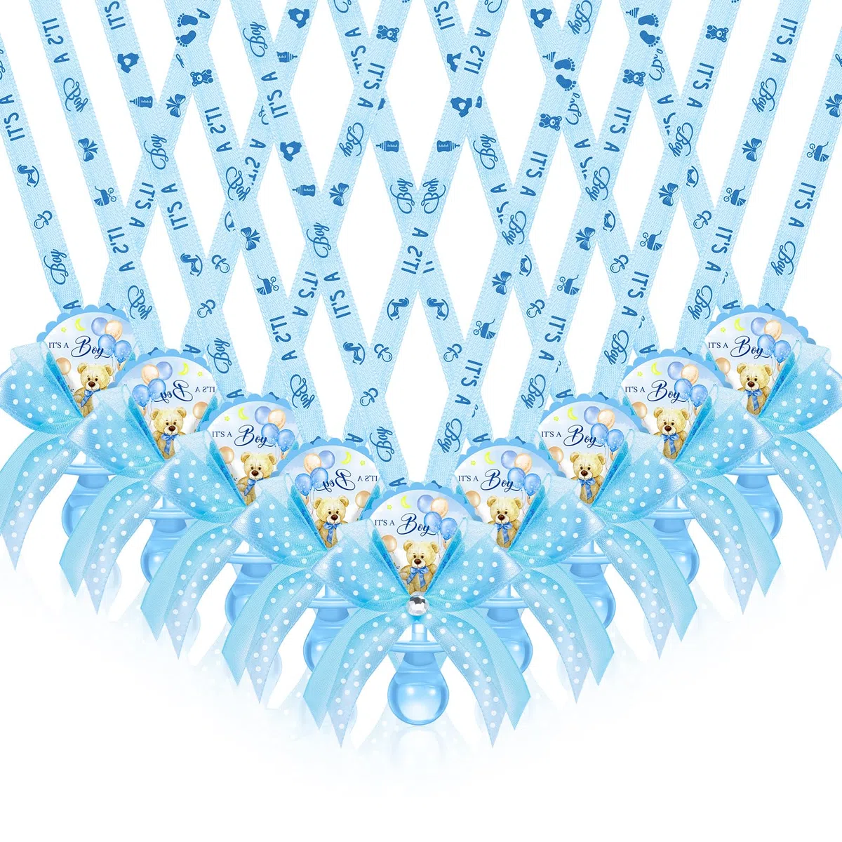 Threlaco 60 Stück Schnullerhalskette für Babypartys, niedlicher Bär, Acryl, Baby-Schnuller, Schnuller, Halskette für Babyparty, Party, Dekoration, Tischstücke (Blau, eleganter Stil)