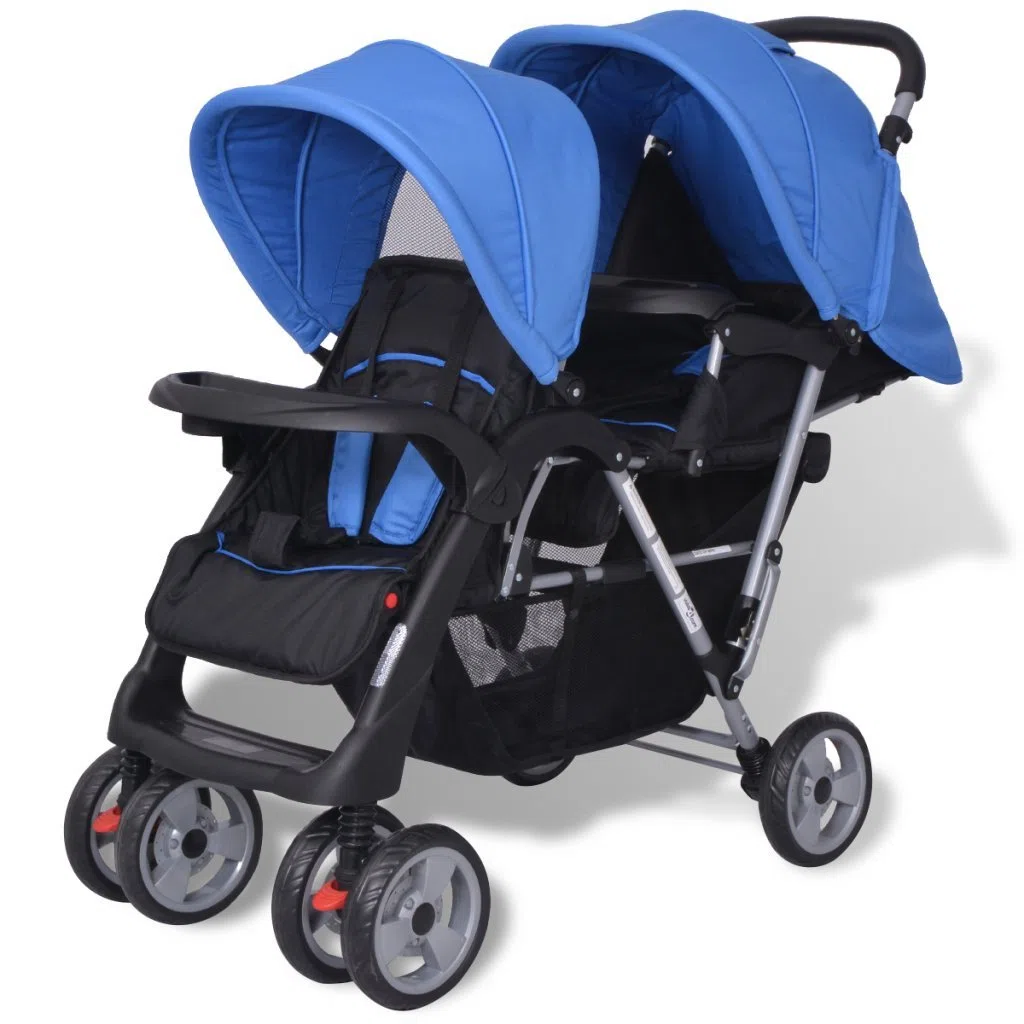 Festnight Geschwisterwagen Kinderwagen Geschwisterkinderwagen aus Stahl + Oxfordgewebe für 1-2 Kinder bis zu je 15kg - Blau und Schwarz