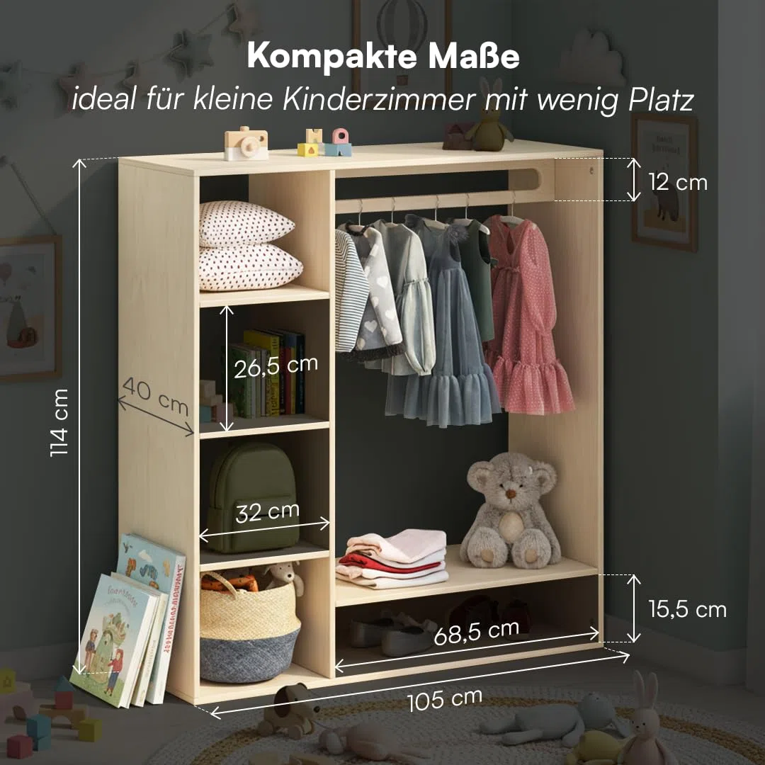 Bellabino Tea Kindergarderobe – Kleiderständer mit 6 Ablageflächen & 1 Kleiderstange in Natur – Montessori Kleiderschrank aus Birkenholz unbehandelt – Garderobe für Kinder – Kinderregal 114x40x105 cm