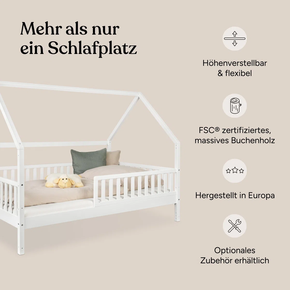 Ehrenkind® Hausbett Buche Livo | FSC Zertifiziert | Kinderbett mit Rausfallschutz | höhenverstellbar Massivholz | Kinder Bett | Hausbett 120x200 cm | weiß
