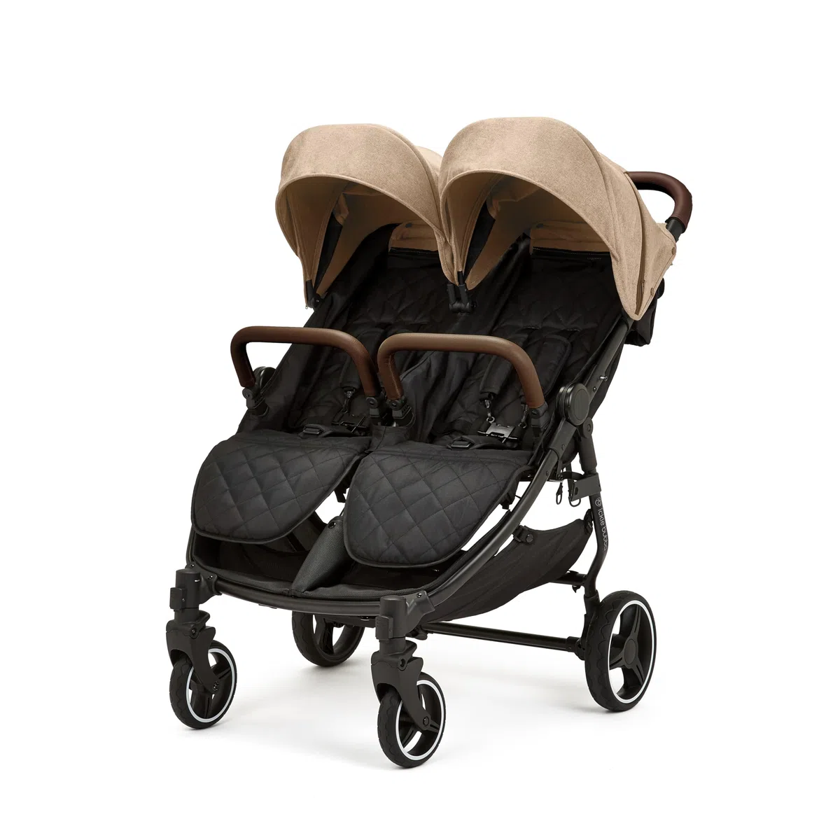Ickle Bubba Venus Prime Doppelkinderwagen - geeignet von Geburt bis 15 kg (ca. 3 Jahre), leichter, faltbarer Zwillingskinderwagen mit Neugeborenenkokon, 2 Fußwärmern und Regenschutz (Biscuit)