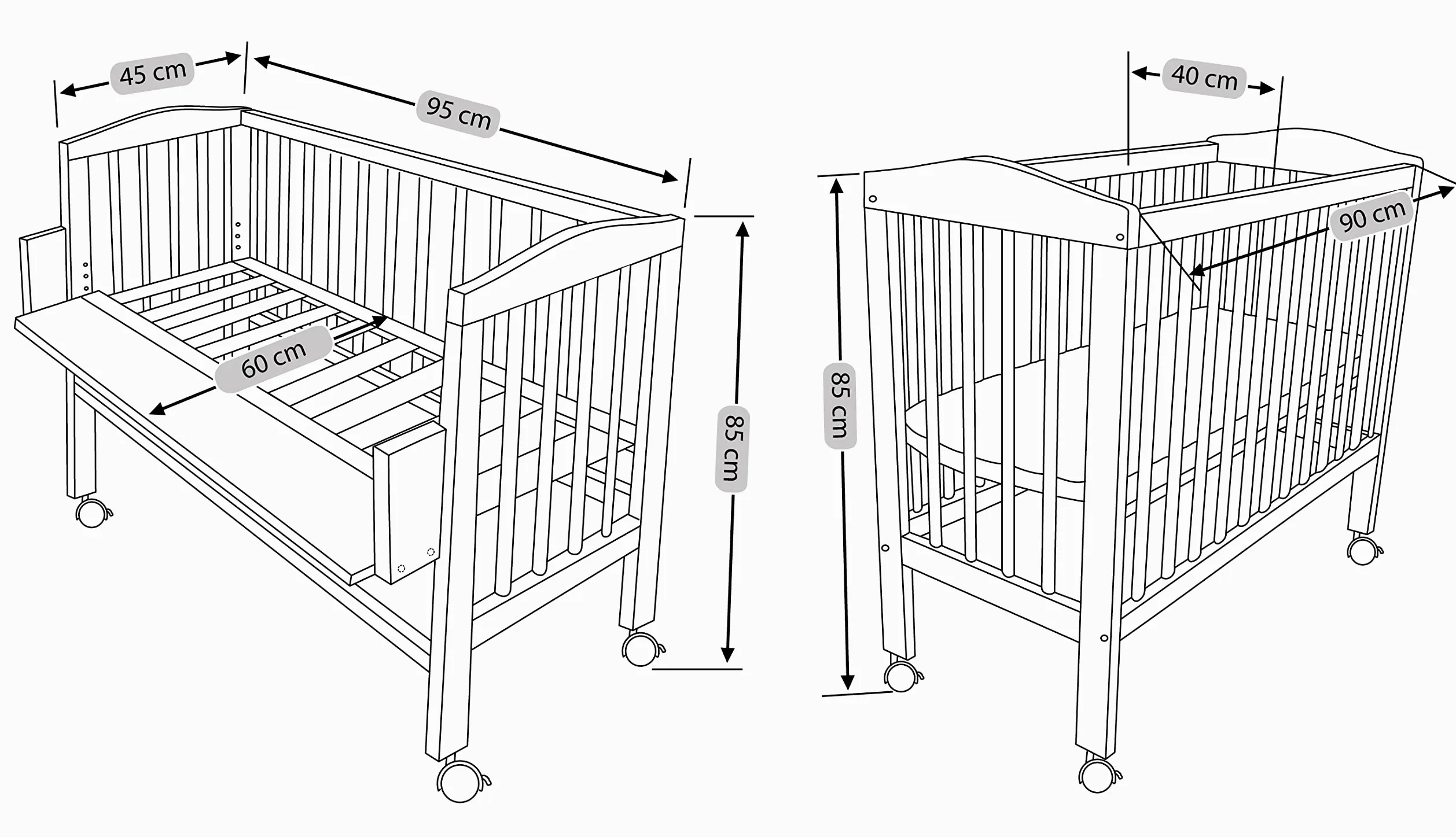 waldin Baby Beistellbett mit Matratze und Stoffen, Höhen-verstellbar, Große Liegefläche 90x55cm, Weiß Lackiert, Weiß/Punkt Grau
