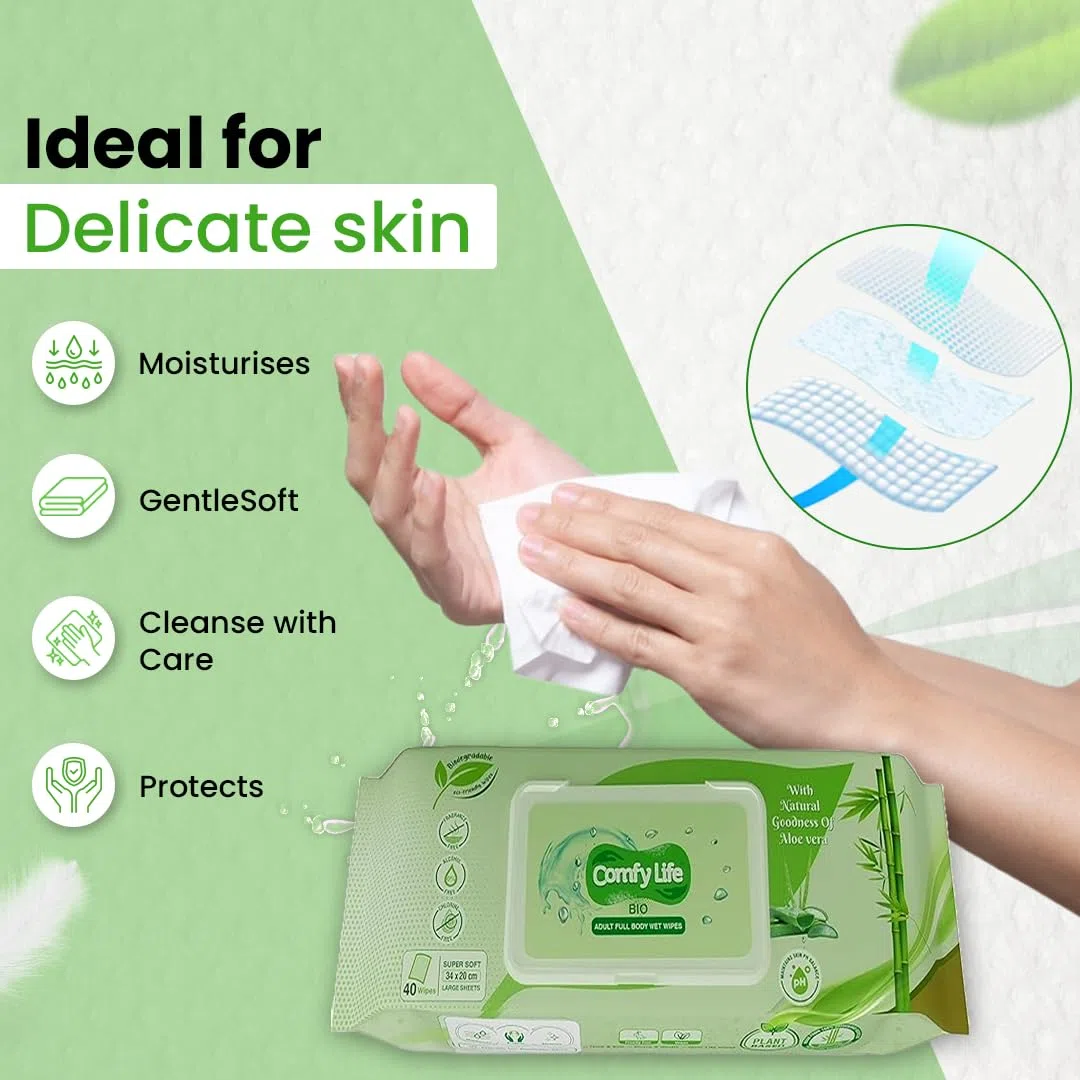 Comfy Life Biologisch abbaubare Ganzkörper-Feuchttücher für Erwachsene, groß, luxuriös, umweltfreundlich, frisches Gefühl, spülfrei, parfümfrei, Bettbad, Intimpflege, weiche Tücher (4 Packungen (160