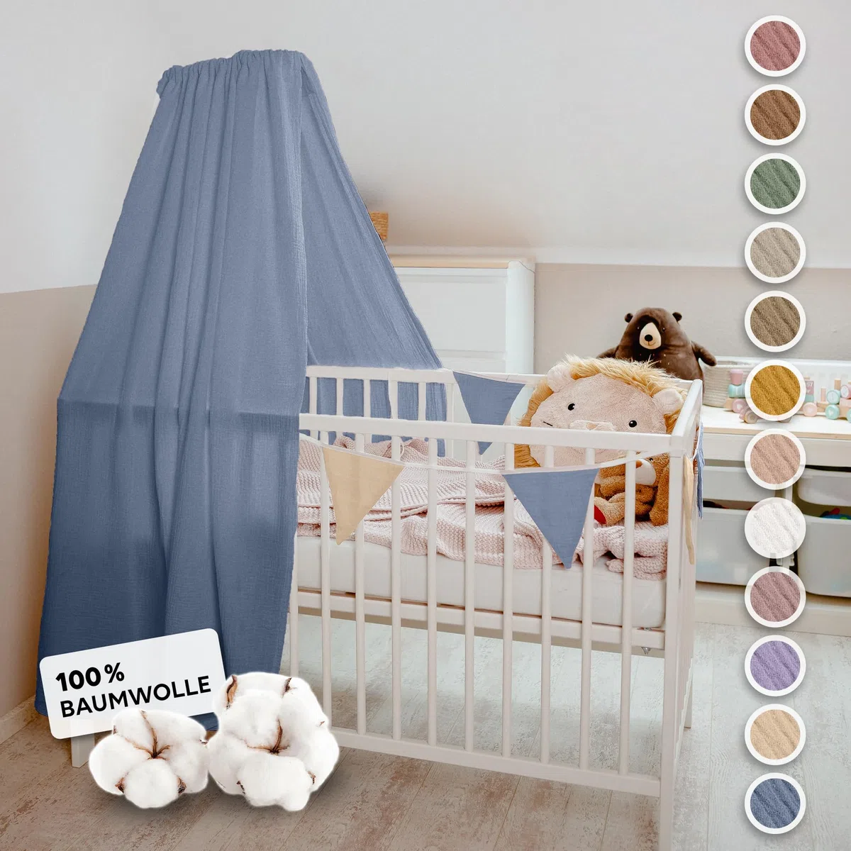 lilimaus Betthimmel Babybett in 12 Farben [inkl. Himmelstange] - Himmel Babybett aus 100% Baumwolle Musselin - Betthimmel Mädchen & Jungen - Himmelbett Vorhänge mit Stange - Kinder Babyzimmer Deko