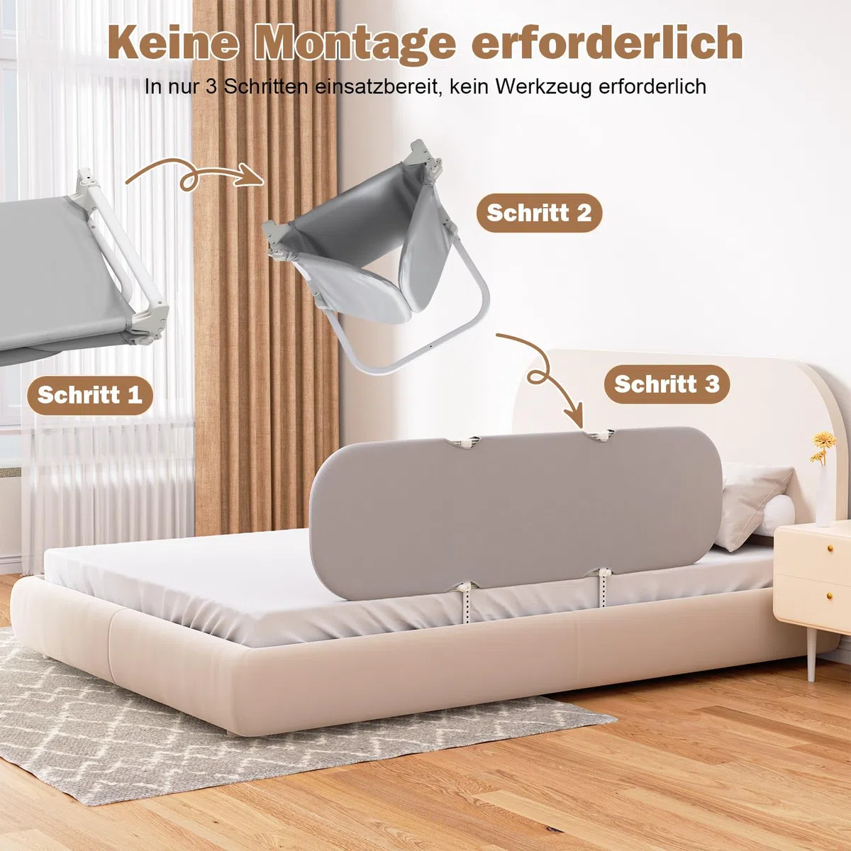 Eulenke 180cm Bettgitter Rausfallschutz Klappbar, Höhenverstellbar Bettschutzgitter Kinderbettgitter Tragbar bettgitter für Reisen Einfache Montage, Grau