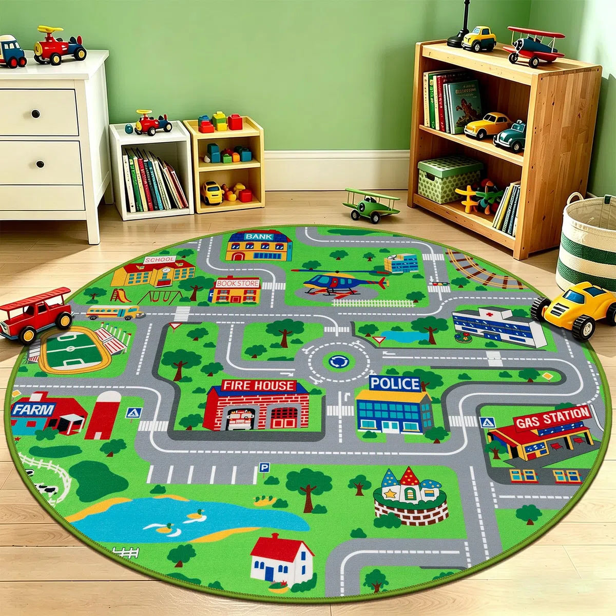 Capslpad Kinder Spielmatte ø120cm rutschfeste Kinderteppich Spielmatte für Spielzeugautos Waschbar Stadt Straßen Kinder Spielteppich Interaktives Auto Teppich für Kinde Spielzimmer Schlafzimmer Dekor