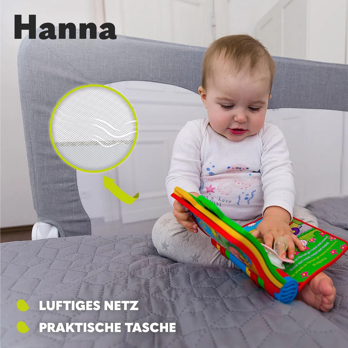 Lionelo Hanna Bettgitter Rausfallschutz 150 cm x 66 cm, zusammenklappbar um 180 Grad, luftiges Netz, einfache Montage, Standsafe-Blockade, SecureBelt, stabile Konstruktion