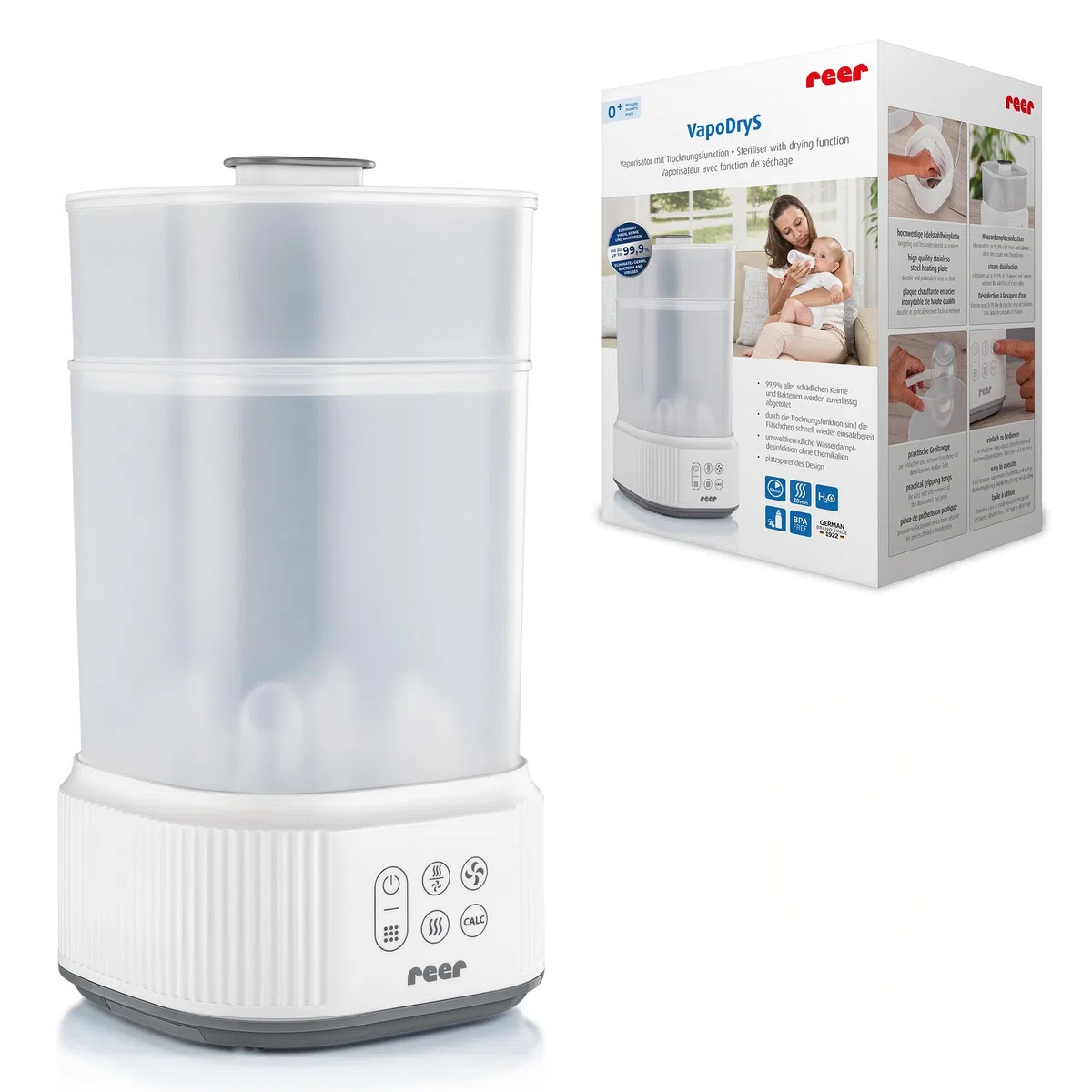 reer VapoDryS Vaporisator | Babyflaschen Sterilisator mit Trocknungsfunktion, Dampfsterilisator für bis zu 5 Flaschen, Desinfektion und Trocknung von Babyfläschchen und Zubehör ohne Chemikalien