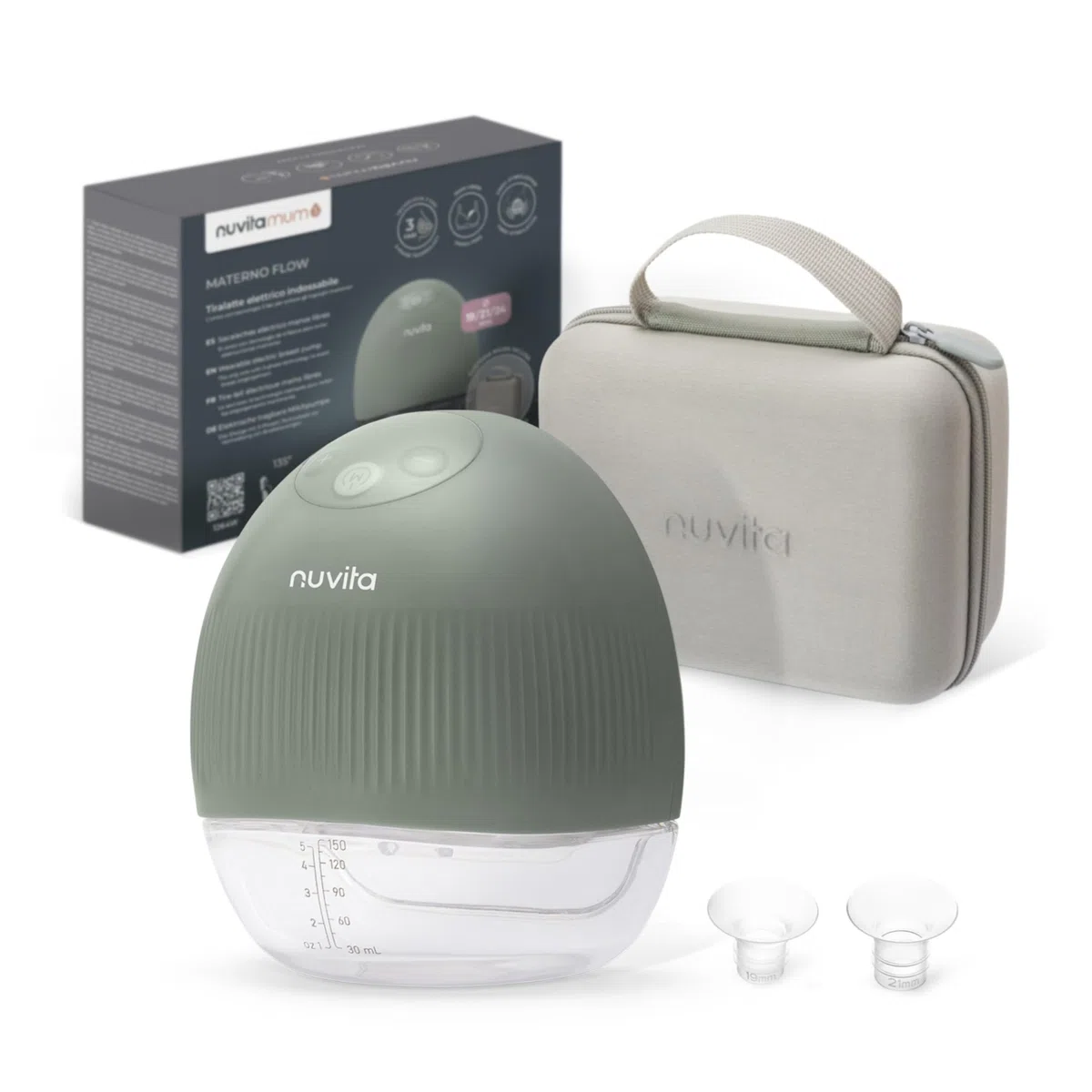 Nuvita 1264W Tragbare elektrische Milchpumpe mit 3 Stufen und Vibrationsstimulation – leise, tragbar, wiederaufladbarer USB-C-Akku, 4 vollständige Zyklen, 24-mm-Silikon-Brustglocke mit Adaptern