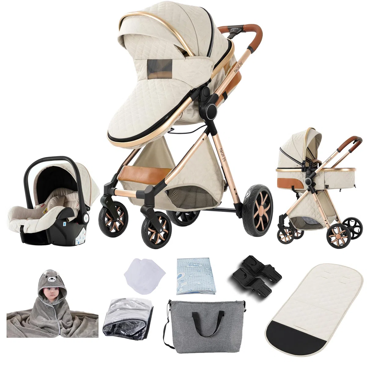 Kinderwagen 3 in 1, Buggy mit Zwei Umkehrbaren Schiebemodi, Kinderwagen mit Rahmen Aluminiumlegierung, Kinderwagen 3 in 1 Komplettset mit Ein-Klick-Faltdesign Hohe Landschaft (V9 CreamyWhite)