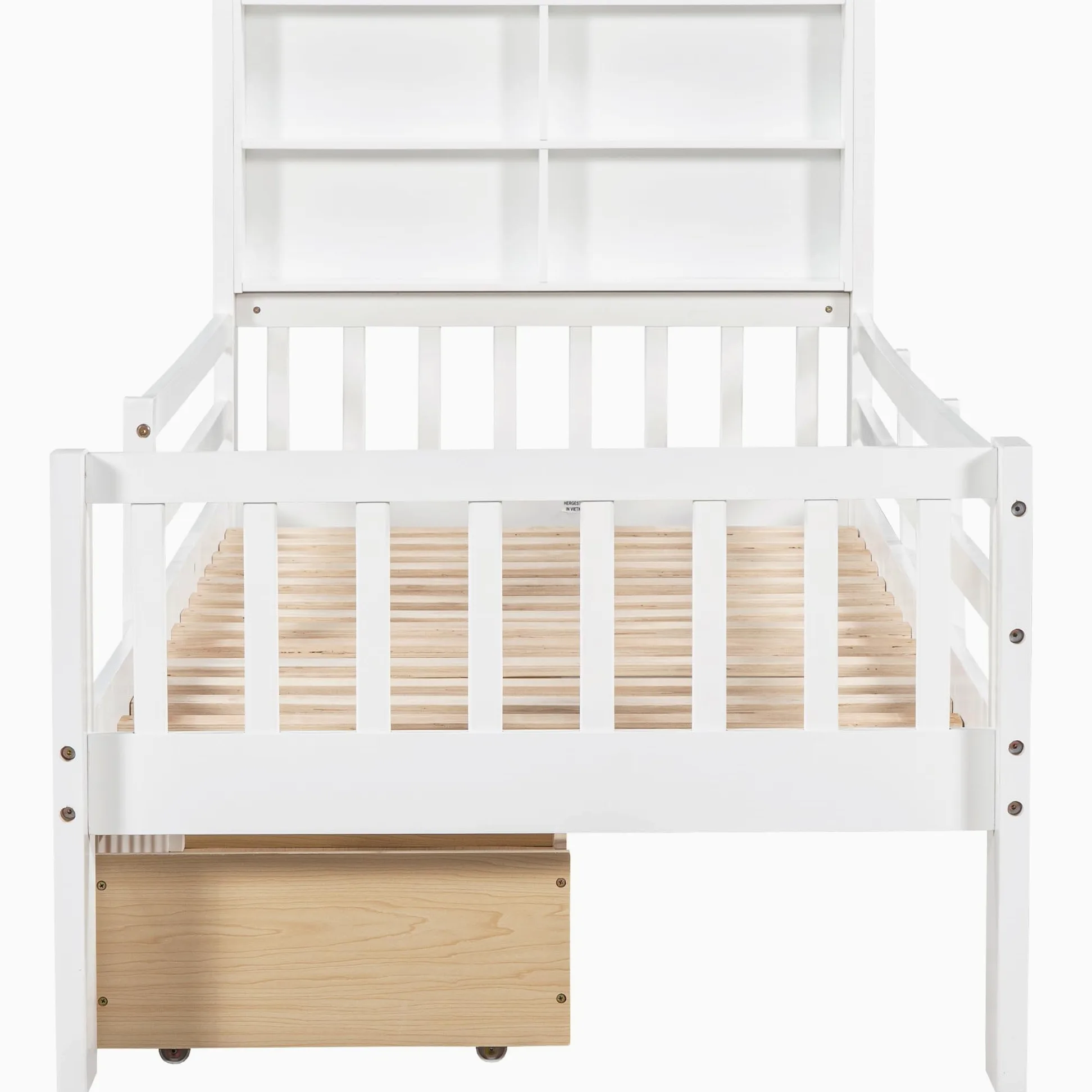 Kinderbett 90x200cm, Einzelbett mit 2 Schubladen und Tafel, Kopfteil mit Bücherregal, Kinder Bett mit Rausfallschutz und Lattenrost, Holzbett Funktionsbett Jugendbett Bettgestell, Ohne Matratze, Weiß