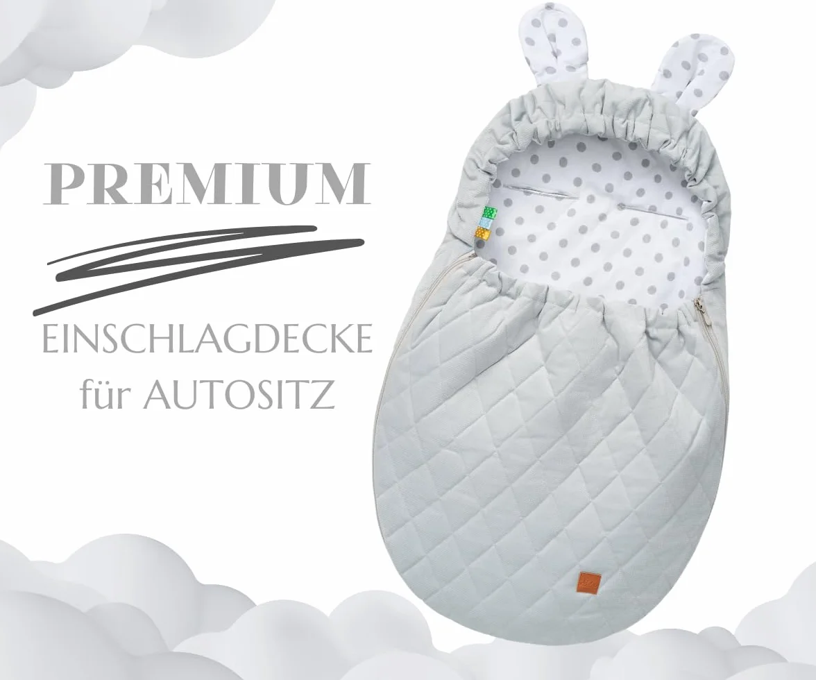 Mikos Einschlagdecke Babyschale Sommer mit Kapuze für Neugeborenes, für Kindersitz Kinderwagen, Autositz, z.B. für Maxi-Cosi, 3-Punkt Gurt Grau Pucksack für Babys, Kinderautositz (51)