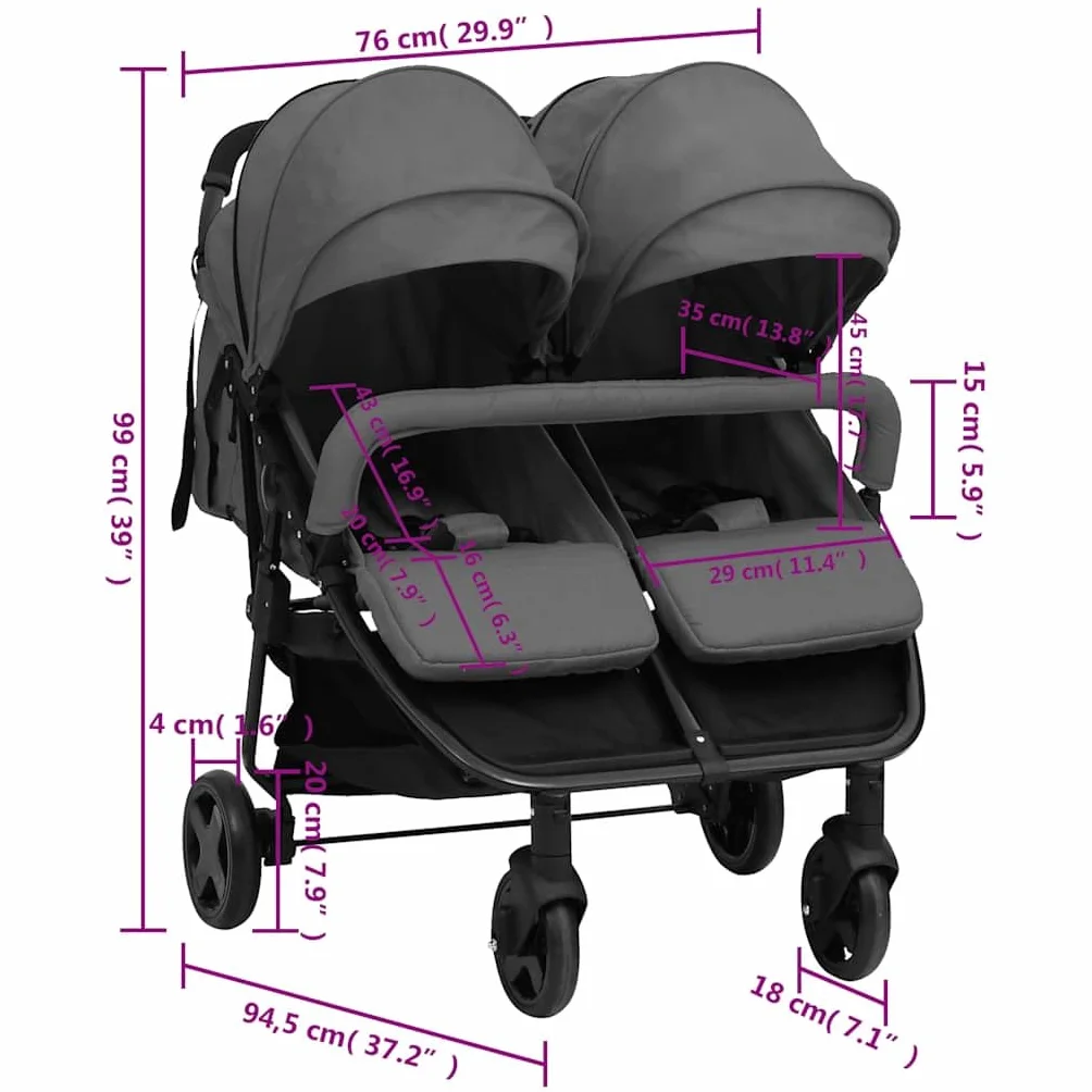 vidaXL Geschwisterwagen Klappbar Zwillingswagen Kinderwagen Baby Kinder Buggy Zwillingsbuggy Kinderbuggy Reisebuggy Dunkelgrau Schwarz Stahl
