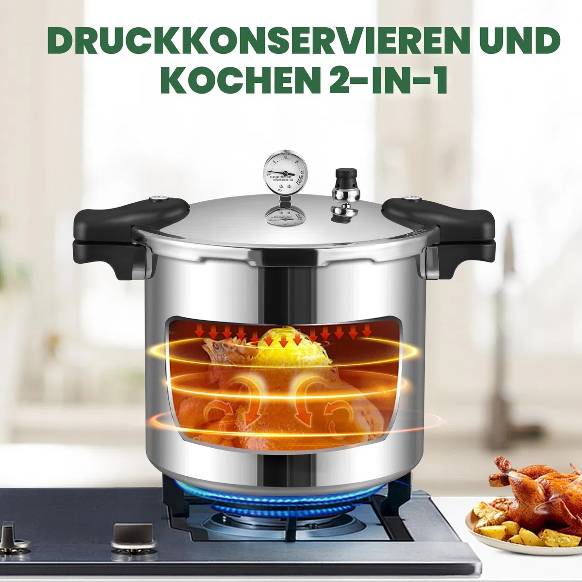 Huanyu 22L Druck Canner mit Manometer und 15PSI Druck Gewicht kann Sterilisator mit Alloy Base kompatibel für Induktion und Gasherde Druckkocher für Konserven