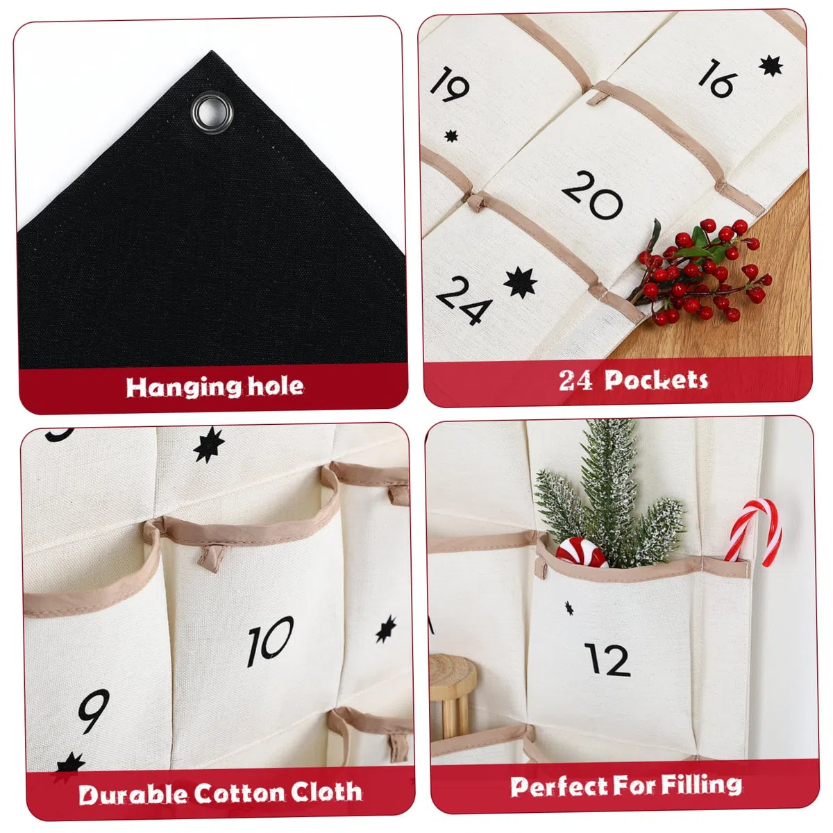 Hängende Aufbewahrungstasche aus Baumwollstoff mit Mehreren Fächern Waschbar und Ordentlich für Wand und Tür als Weihnachtskalender Organizer im Haus Design