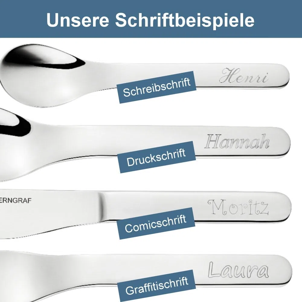 Kinder-Set 5tlg, Baumscheibe 23cm mit Gravur (Name/Datum) + personalisiertes Kinderbesteck, Geschenk-Idee zur Geburt Taufe Geburtstag, Motiv H8 Kalender