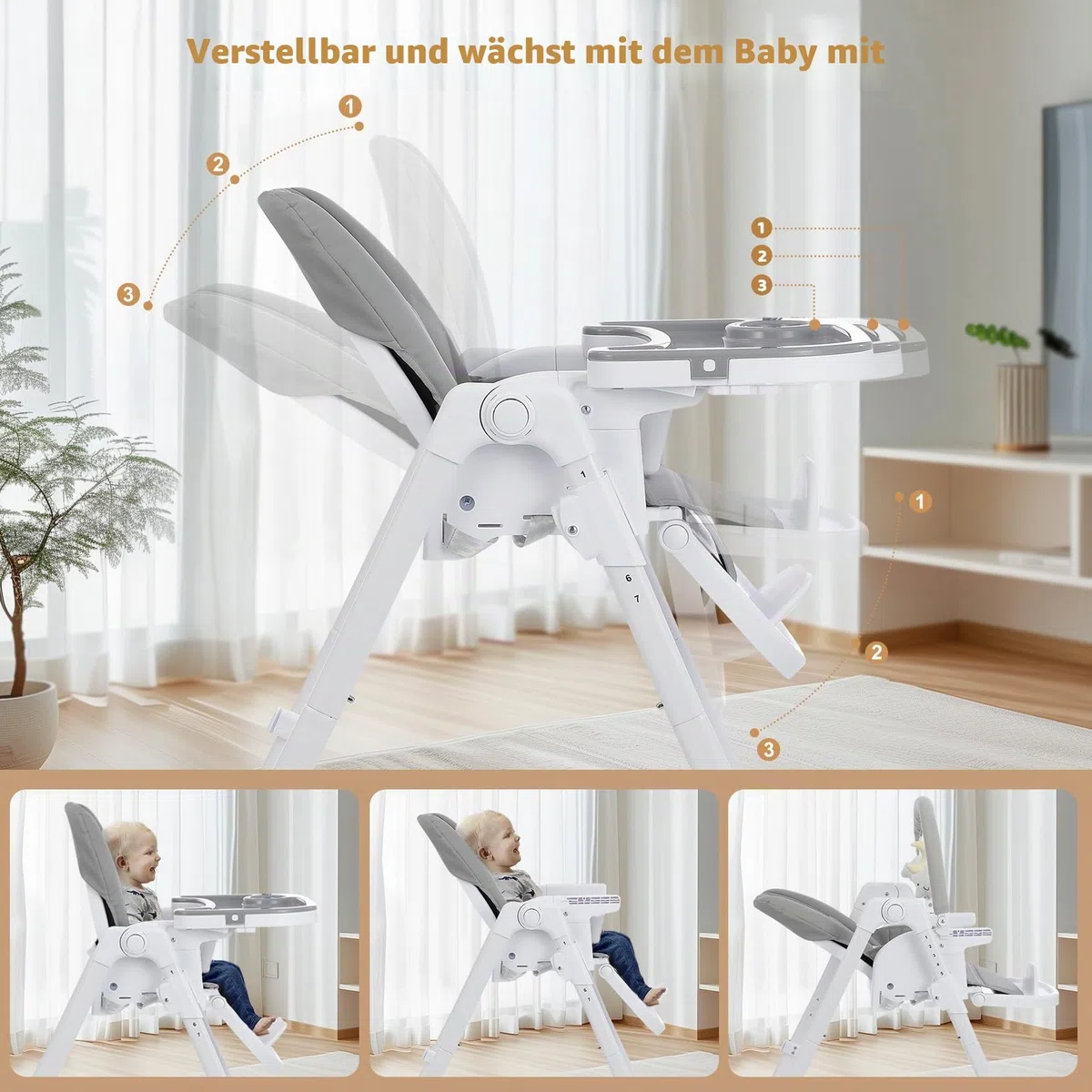 4-in-1 Baby Hochstuhl, höhenverstellbar, faltbar mit Spielbogen & Booster | 7-fach höhenverstellbar, Sitzerhöhung Booster-Funktion, PU-Sitz, Doppeltablett, Rollen mit Bremse, Kinderstuhl