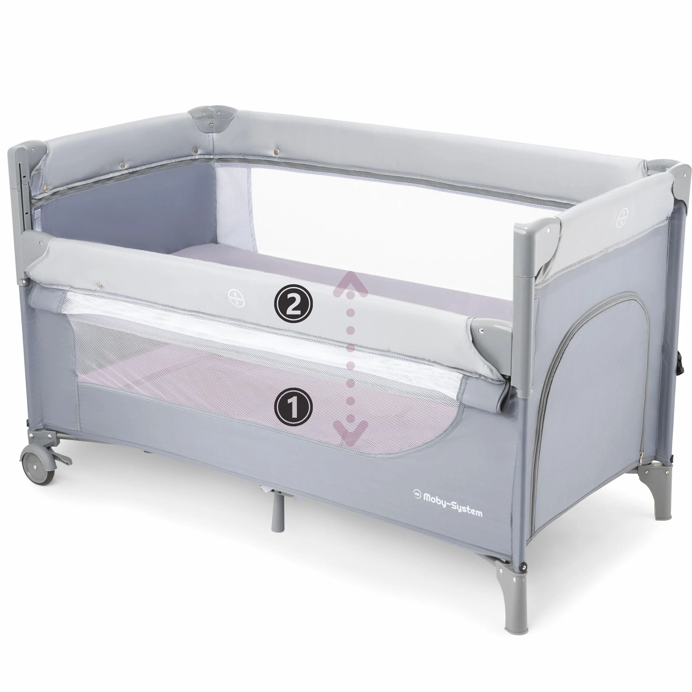 Moby-System Closely 3in1 Beistellbett Baby - Reisebett Baby mit Wickelauflage, Matratze, Transporttasche - Höhenverstellbares Beistellbett, Laufstall (6 Teile)
