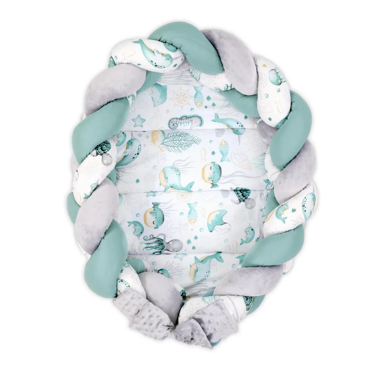 Babynest Neugeborene Nestchen Baby 75 x 45 cm – Plüschstoff Kuschelnest mit Zopf Kissen zerlegbares Set zweiseitig Babynestchen Babybett Wassertiere