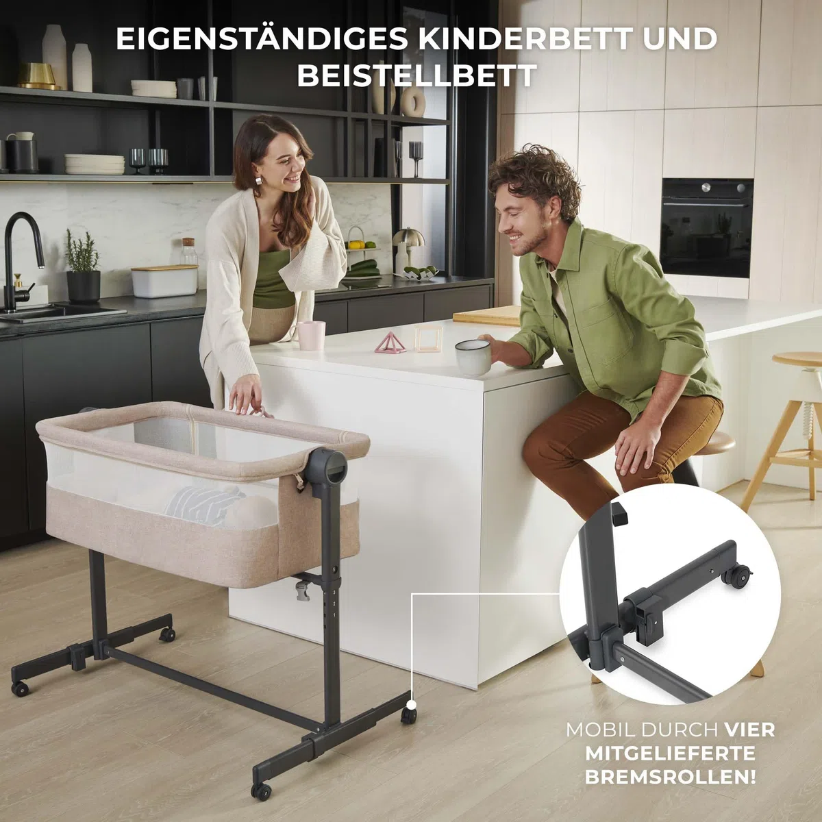 Kinderkraft NESTEE UP 2 Beistellbett 2 in 1, Kinderreisebett mit Matratze Laken, 5-stufige Matratzenhöhenverstellung, 4 Rädern mit Bremse, Weichen Material, Leichte Konstruktion, Grau