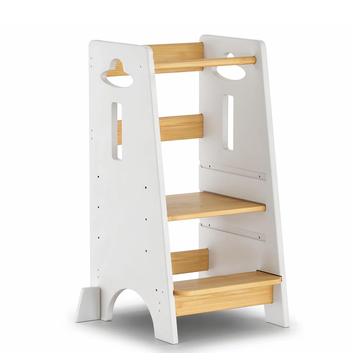 COSYLAND Lernturm ab 1 Jahr - Höhenverstellbarer Learning Tower für Kinder (3-stufig) - Montessori mit Kippschutz & Massivholz (Weiß und Holz)