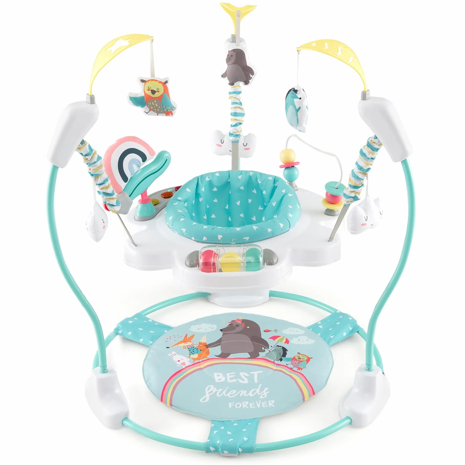 DREAMADE Stationäres Aktivitätscenter, Tierwelt-Jumperoo mit abnehmbarem Fußpolster, Spielcenter mit 360°-Drehsitz, 3 verstellbaren Höhen, Musiktablett & Hängespielzeugen für Babys ab 6 Monaten