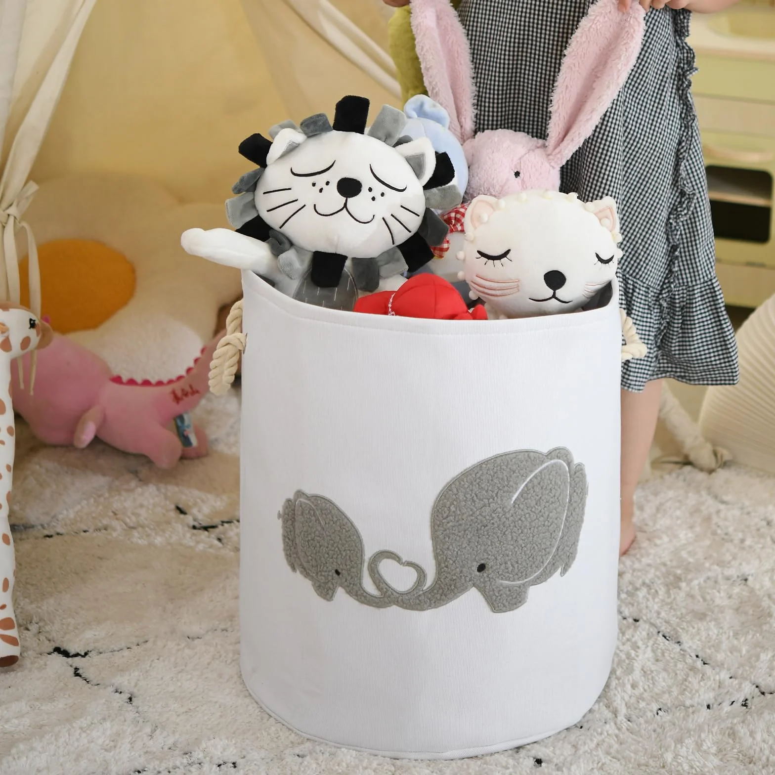 Baby Wäschekorb für Kinderzimmer, 58L Extra Großer Babywäschekorb mit Zugverschluss Aufbewahrungskörbe für Kinderspielzeug Kinderzimmer Zuhause Geschenkkorb Spielzeug Korb, (Grau)
