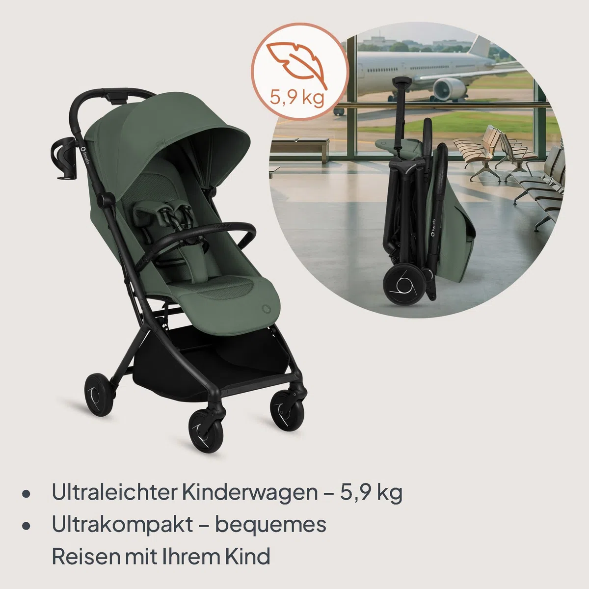 Lionelo Sia Reisebuggy ultraleicht & ultrakompakt faltbar, 5,9 kg, bis 22 kg, 6 Monaten bis 4 Jahre, Liegeposition, Federung, UPF50+ Verdeck, Moskitonetz, Einkaufskorb 3 kg, Becherhalter, Tragegurt