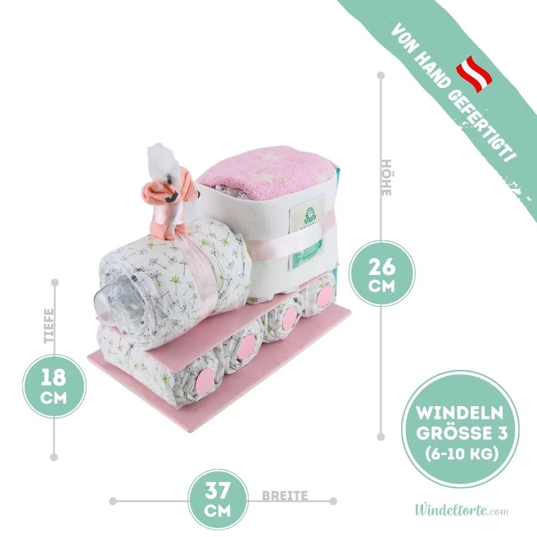 com – Windelzug für Mädchen in Rosa inkl. 29 LILLYDOO Windeln | Geschenk zur Geburt | Taufgeschenk | Geschenk zur Babyparty – Handgefertigte Windeltorte
