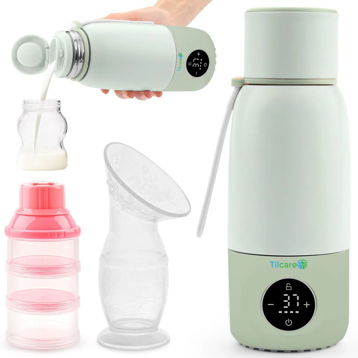 Wiederaufladbarer Milchwärmer mit Formeldispenser von Tilcare - 17oz/500ml, Schnelle Erwärmung, Präzise Temperaturkontrolle, Bis zu 12 Stunden Milchwärme mit LCD-Anzeige - Grün