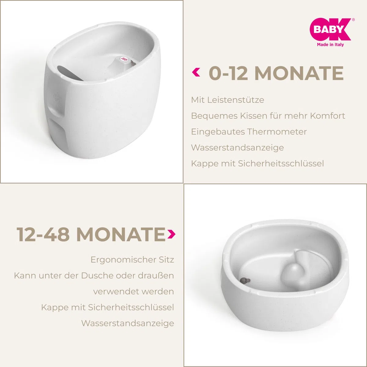 OKBABY Unica – Badewanne 0 – 4 Jahre mit doppeltem Verwendungszweck, eingebautem Thermometer und ergonomischer Unterstützung – Badewanne und Mini-Pool für Kinder – Granit