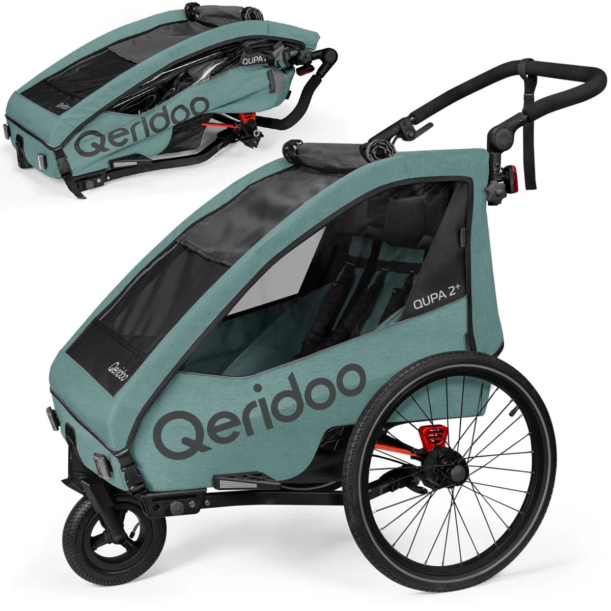 Qeridoo QUPA 2 Plus Mineral Blue | Fahrradanhänger für 2 Kinder mit Federung & 3-in-1-Verdeck | Kinderfahrradanhänger & Jogger Kinderwagen | Faltbarer Fahrrad Anhänger für Familie & Alltag